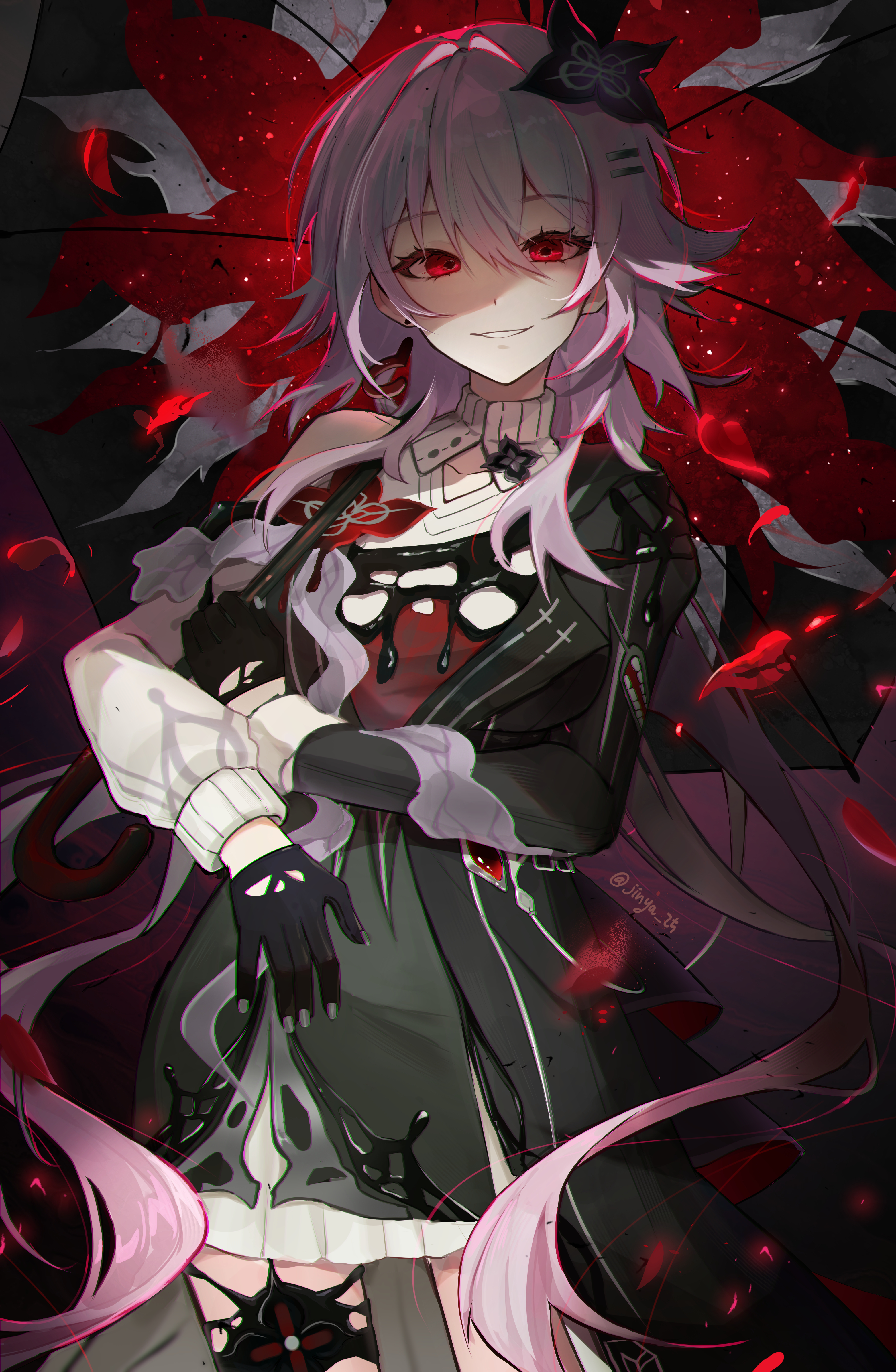 jinya, evernight (honkai: star rail), march 7th (honkai: star rail), honkai: star rail, honkai (series), absurdres, commentary, highres, symbol-only commentary, 1girl, black dress, black flower, black gloves, breasts, cowboy shot, dress, flower, gloves, hair between eyes, hair flower, hair ornament, hairclip, holding, holding umbrella, layered dress, long hair, long sleeves, looking at viewer, low twintails, official alternate costume, parallel hairclips, pink hair, red eyes, single bare shoulder, smile, solo, twintails, umbrella, white dress, white wrist cuffs, wrist cuffs