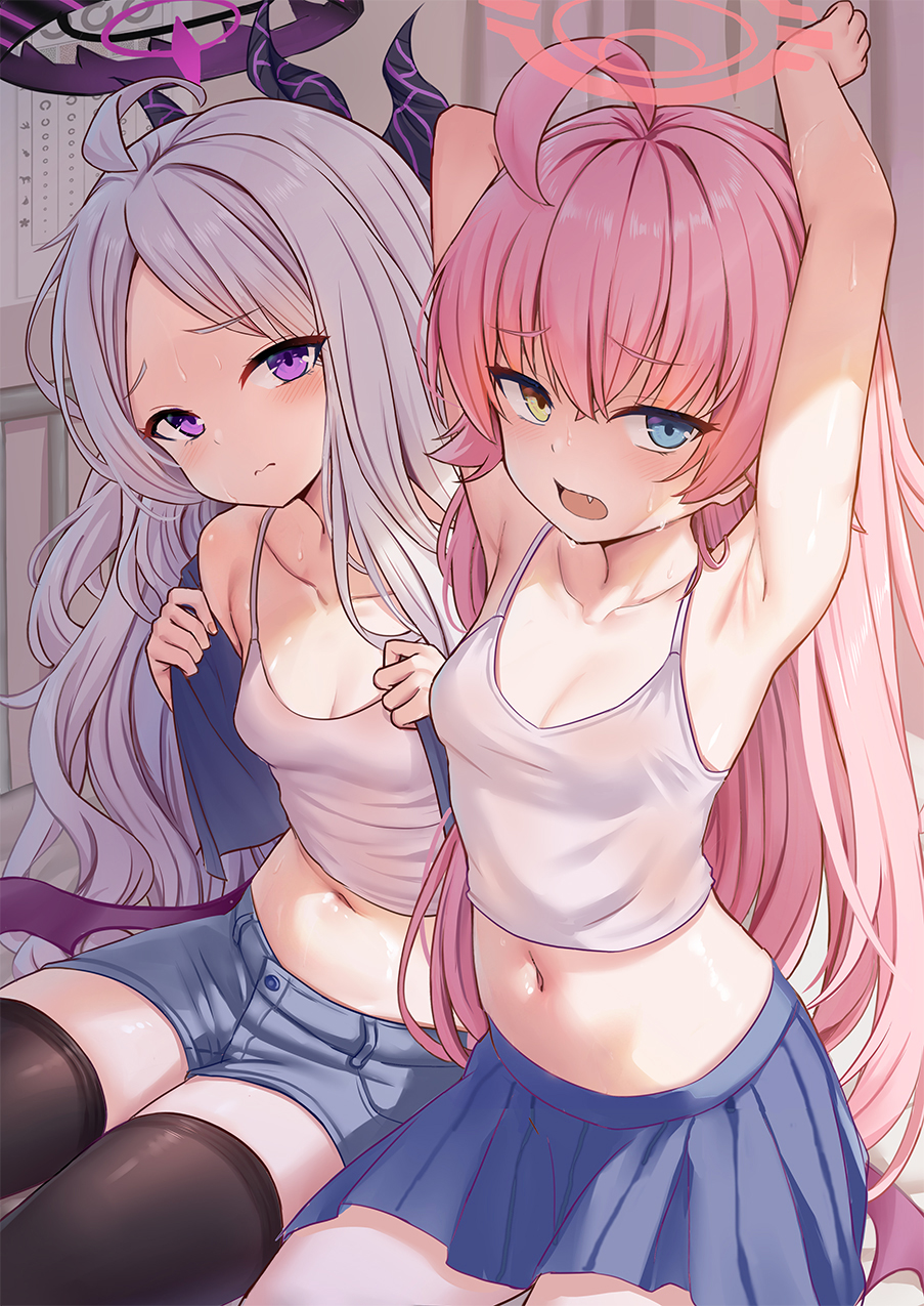 milkshakework, hina (blue archive), hoshino (blue archive), blue archive, chinese commentary, commentary request, highres, variant set, 2girls, ahoge, arms up, bare arms, bare shoulders, black thighhighs, blue eyes, blush, breasts, cleavage, closed mouth, collarbone, crop top, denim, denim shorts, fang, halo, heterochromia, long hair, looking at viewer, midriff, multiple girls, navel, open mouth, petite, pink hair, purple eyes, shirt, short shorts, shorts, skirt, small breasts, stomach, tank top, thighhighs, very long hair, white shirt, white tank top, zettai ryouiki