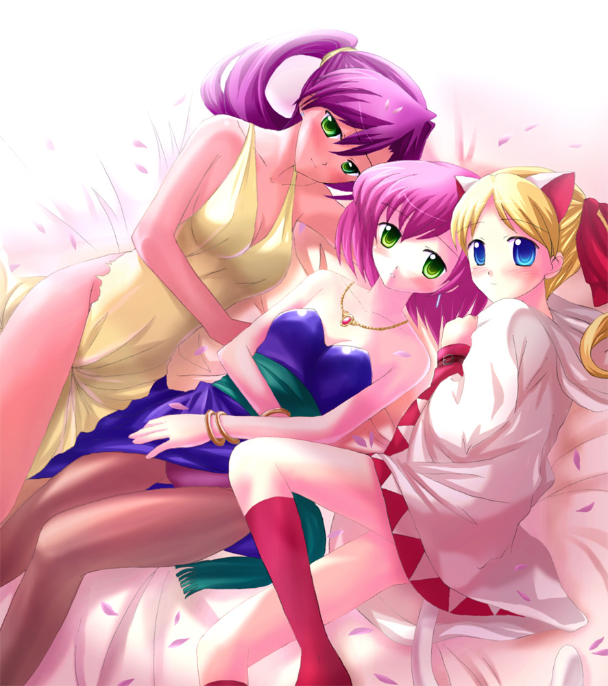 faris scherwiz, krile mayer baldesion (ff5), lenna charlotte tycoon, sarisa highwind tycoon, white mage (final fantasy), final fantasy, final fantasy v, 1990s (style), 3girls, animal ears, bed, blonde hair, blue eyes, cat ears, cherry blossoms, dancer, green eyes, long hair, lying, multiple girls, panties, pantyhose, pink hair, purple hair, retro artstyle, short hair, underwear