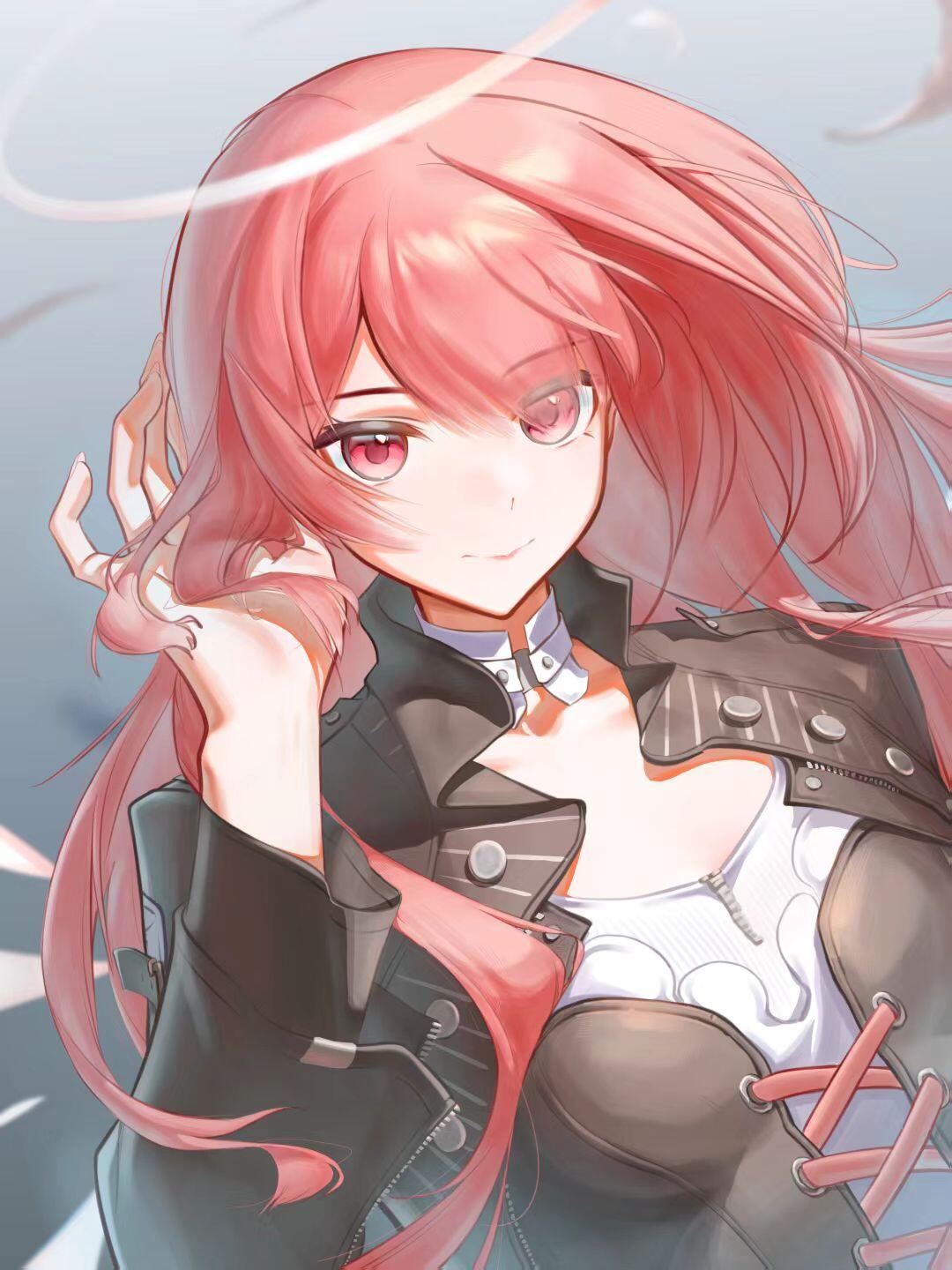 lemuen (arknights), arknights, bad source, highres, 1girl, black jacket, breasts, choker, closed mouth, detached wings, energy wings, eyes visible through hair, hair over one eye, halo, hand in own hair, jacket, long hair, long sleeves, looking at viewer, open clothes, open jacket, pink eyes, pink hair, red eyes, smile, solo, upper body, wings, yili dami