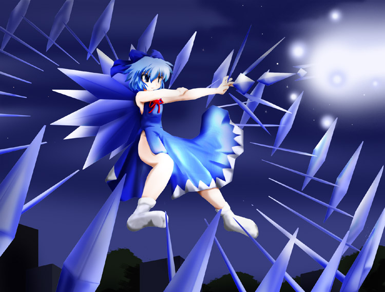 angel (evangelion), cirno, ramiel (evangelion), evangelion: 1.0 you are (not) alone, neon genesis evangelion, rebuild of evangelion, touhou, 00s, 1girl, blue hair, circled 9, danmaku, dress, female focus, gradient background, outdoors, sky, solo, wings
