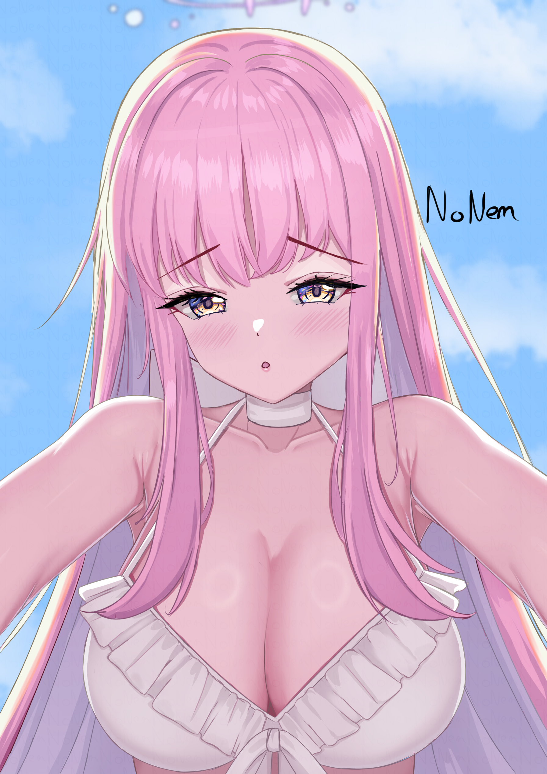 mika (blue archive), mika (swimsuit) (blue archive), blue archive, absurdres, highres, 1girl, armpits, artist name, bare shoulders, bikini, blush, breasts, cleavage, collarbone, frilled skirt, frills, large breasts, long hair, looking at viewer, nonem art, official alternate costume, official alternate hairstyle, open mouth, pink hair, skirt, swimsuit, very long hair, white bikini, yellow eyes