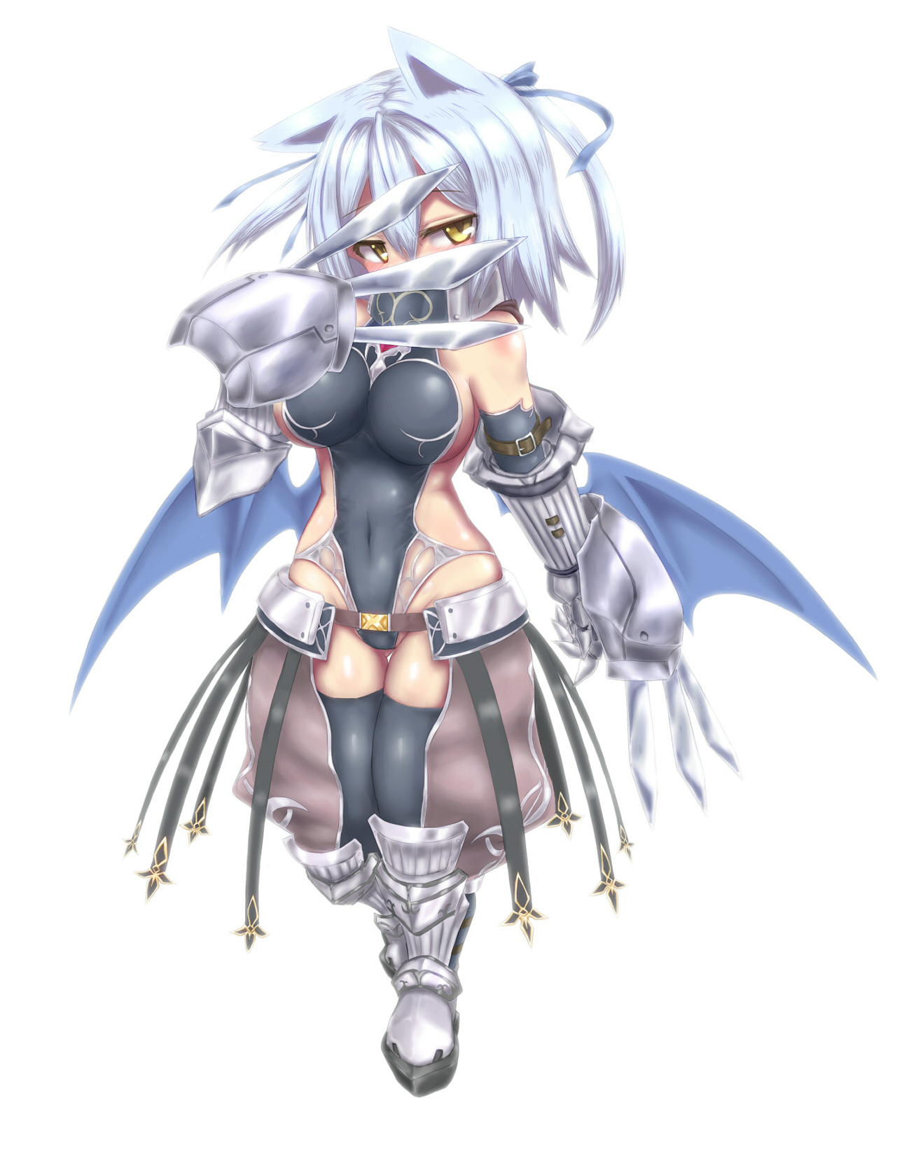 rafoll, emil chronicle online, highres, 1girl, alternate costume, animal ears, armored boots, armored gloves, bare shoulders, bat ears, bat girl, bat wings, black leotard, black thighhighs, blue hair, blue ribbon, boots, bow, breasts, claw (weapon), clothing cutout, covering own mouth, delucky alma, gloves, hair bow, large breasts, leotard, ribbon, sideboob, solo, thigh cutout, thighhighs, thighs, two side up, weapon, white background, white boots, white gloves, wings, yellow eyes