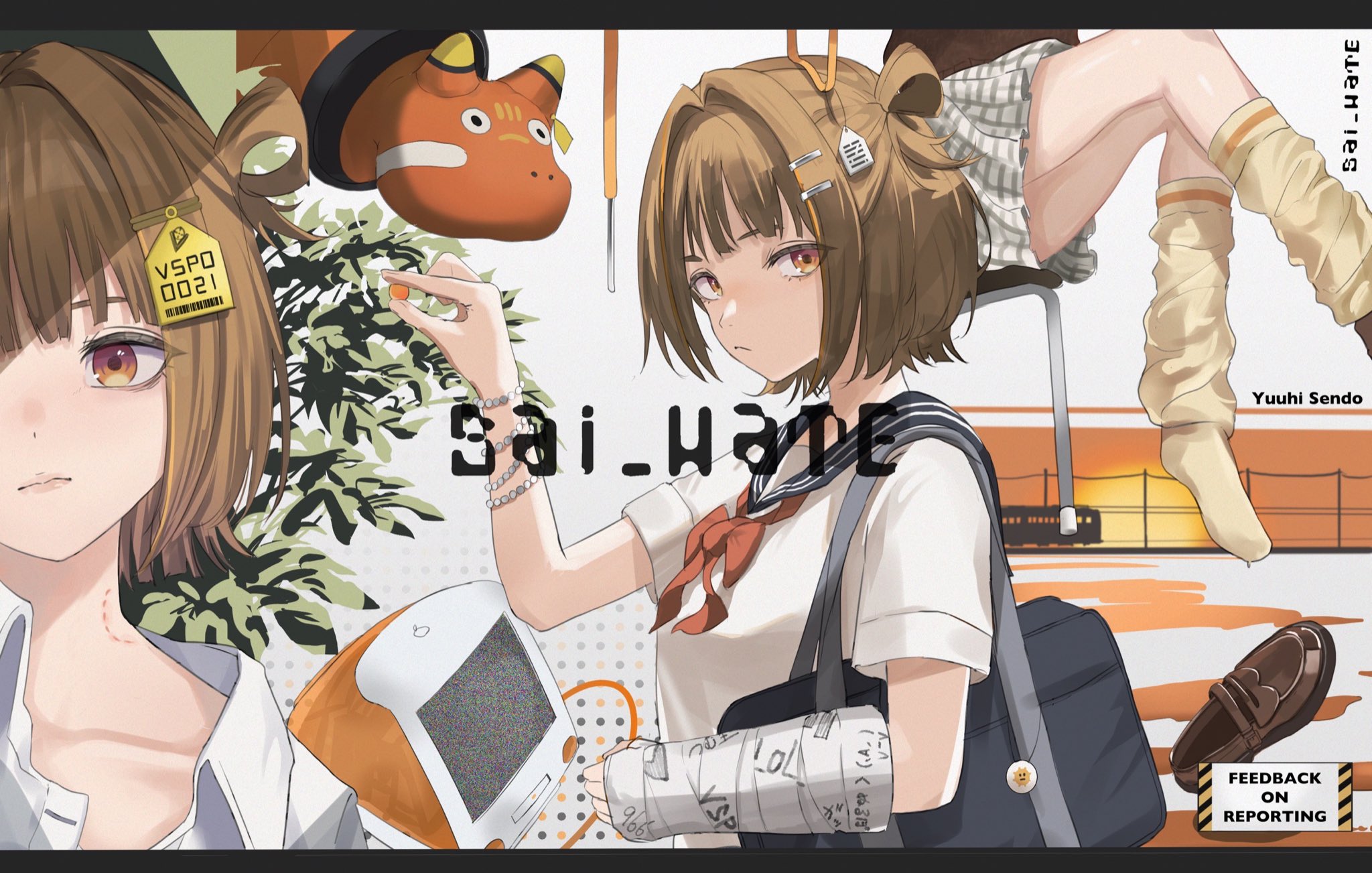 .akuma, sendo yuuhi, apple inc., macintosh, vspo!, commentary request, highres, 1girl, akabeko, bite mark, black bag, black sailor collar, broken arm, brown hair, brown shoes, cast, chair, character name, closed mouth, collared shirt, frown, grey skirt, hair ornament, hair rings, hairclip, hand up, holding, imac g3, kneehighs, letterboxed, loafers, looking at viewer, loose socks, miniskirt, multiple views, neckerchief, no shoes, on chair, plaid clothes, plaid skirt, pleated skirt, purple eyes, red neckerchief, sailor collar, school uniform, serafuku, shirt, shoes, short hair, short sleeves, single hair ring, sitting, skirt, socks, unworn shoes, virtual youtuber, white background, white shirt, yellow socks