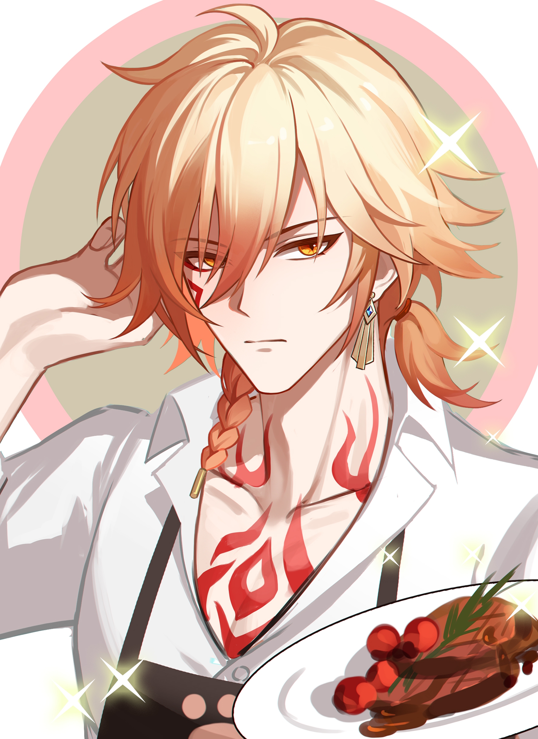 yexiong444, mydei (delicacies) (honkai: star rail), mydei (honkai: star rail), honkai: star rail, honkai (series), absurdres, chinese commentary, commentary request, highres, 1boy, apron, black apron, blonde hair, braid, chest tattoo, collared shirt, earrings, facial tattoo, food, gold earrings, gradient hair, hair between eyes, holding, holding plate, jewelry, male focus, medium hair, multicolored hair, official alternate costume, plate, red hair, red tattoo, shirt, side braid, solo, steak, tattoo, white shirt, yellow eyes