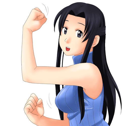 toshifumi, hosokawa kanako, maria-sama ga miteru, lowres, 00s, 1girl, :d, black eyes, black hair, breasts, clenched hand, clenched hands, female focus, fist pump, half updo, large breasts, long hair, looking at viewer, maria sama, open mouth, simple background, sleeveless, sleeveless turtleneck, smile, solo, sweater vest, turtleneck, white background