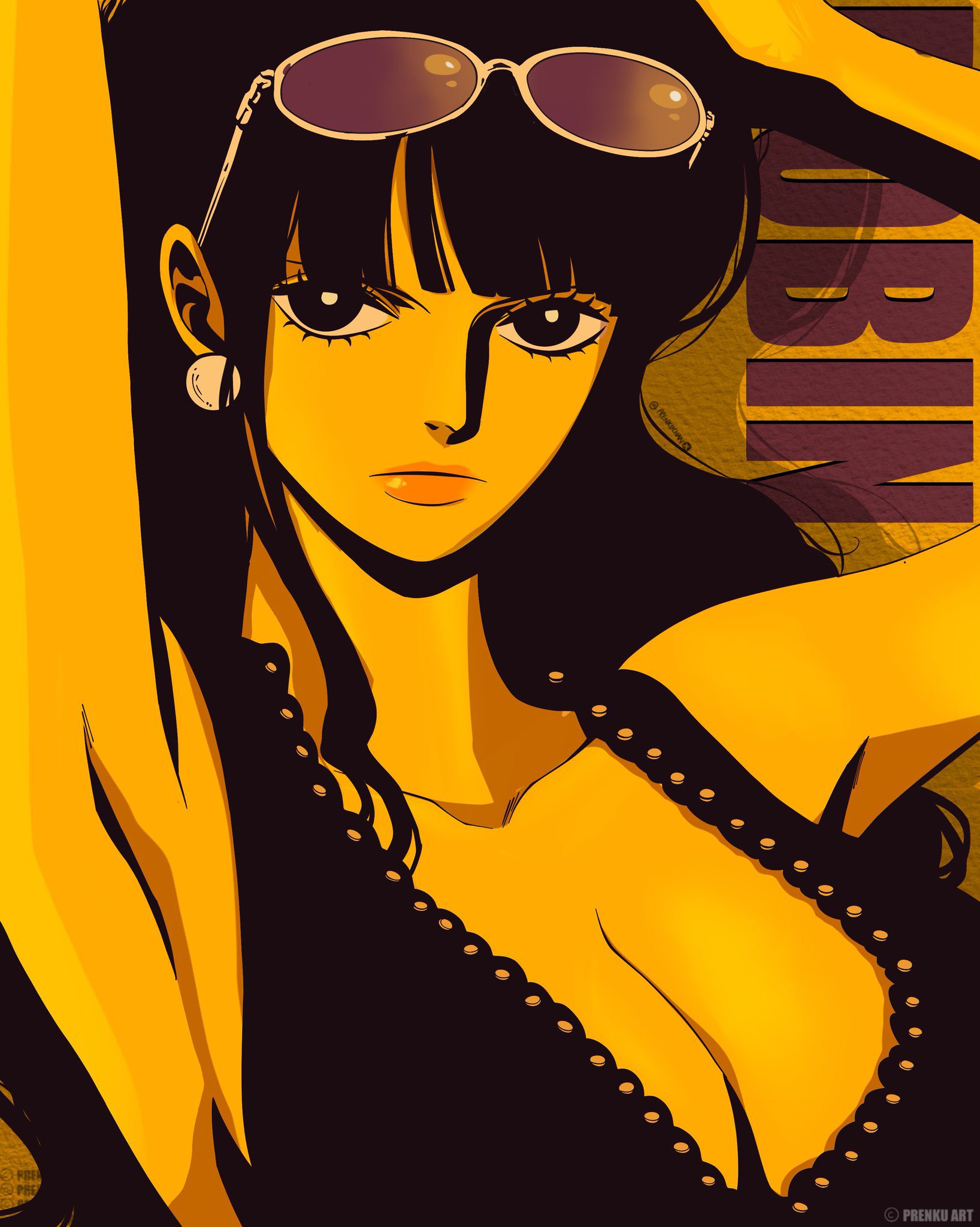 prenkuchan, nico robin, one piece, commentary, english commentary, highres, 1girl, arms up, black hair, blunt bangs, breasts, character name, cleavage, closed mouth, dress, earrings, eyewear on head, jewelry, long hair, looking at viewer, sidelocks, solo, twitter username, yellow theme