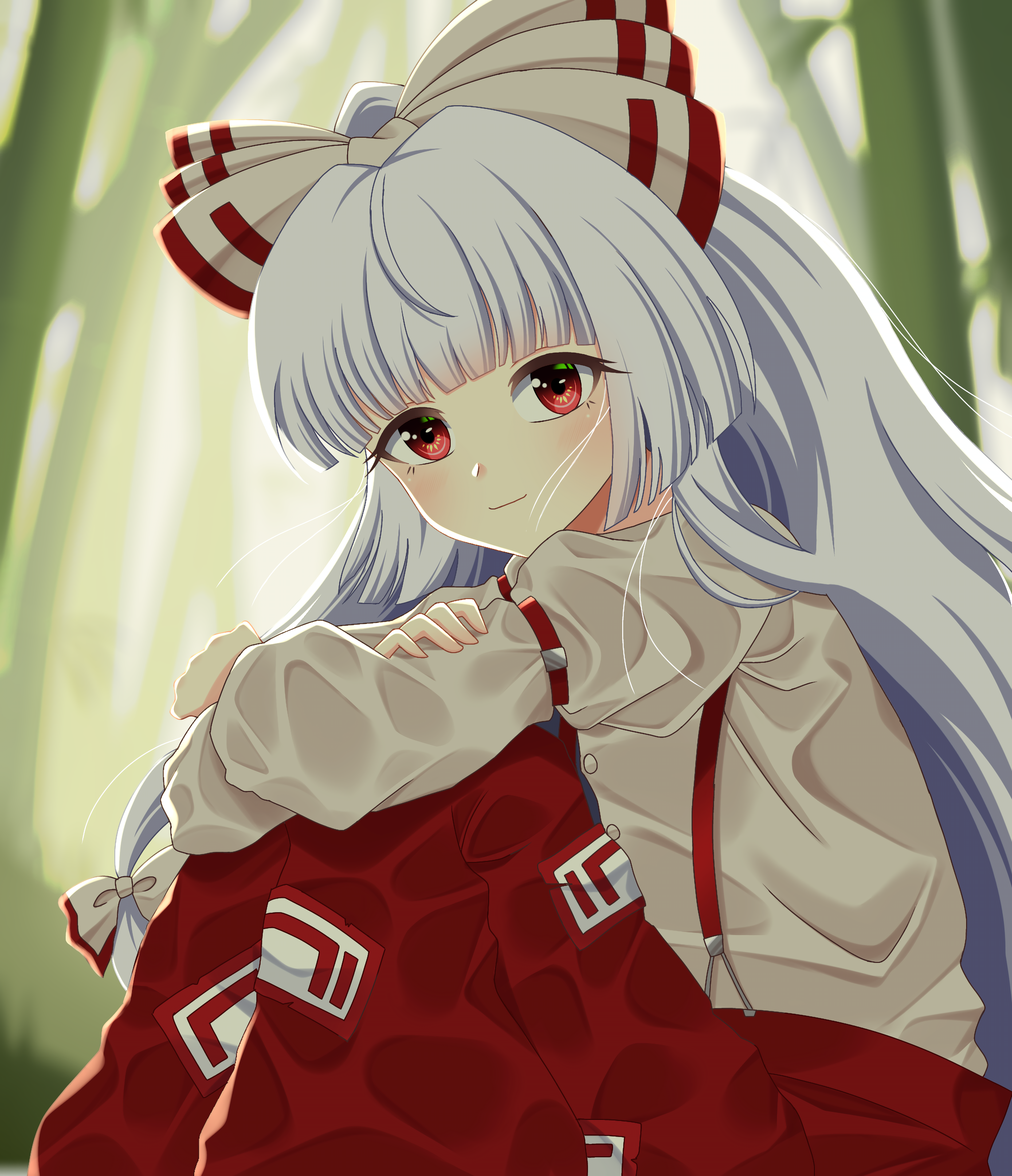 cipher (user watm8555), fujiwara no mokou, touhou, absurdres, highres, 1girl, bamboo, bamboo forest, buttons, closed mouth, forest, grey hair, long hair, long sleeves, looking at viewer, nature, pants, red eyes, red pants, shirt, smile, solo, suspender pants, very long hair, white shirt