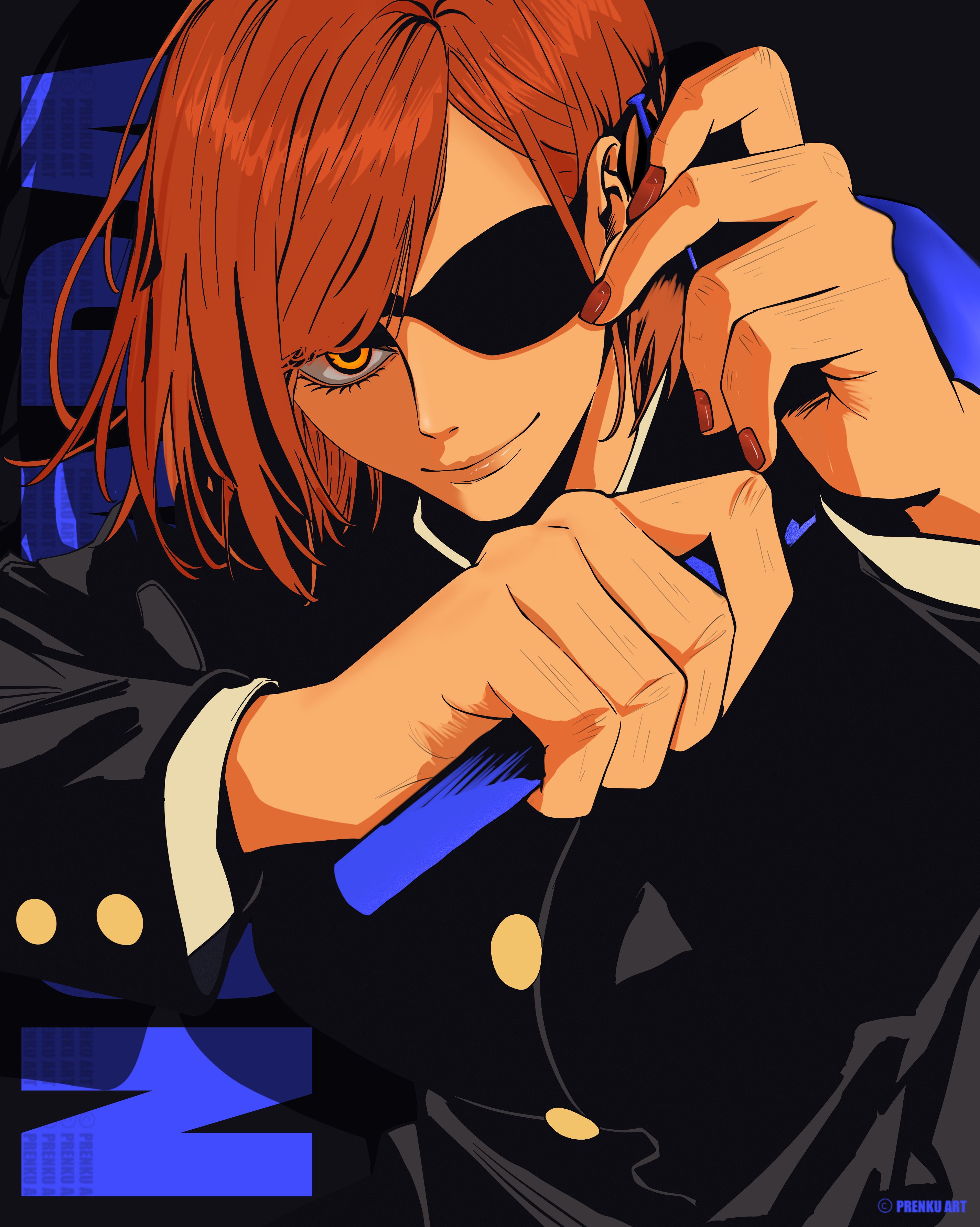 prenkuchan, kugisaki nobara, jujutsu kaisen, absurdres, commentary, english commentary, highres, 1girl, black jacket, brown hair, buttons, character name, eyepatch, gakuran, hammer, holding, holding hammer, jacket, looking at viewer, red nails, school uniform, shadow, smile, solo, swept bangs, twitter username, upper body