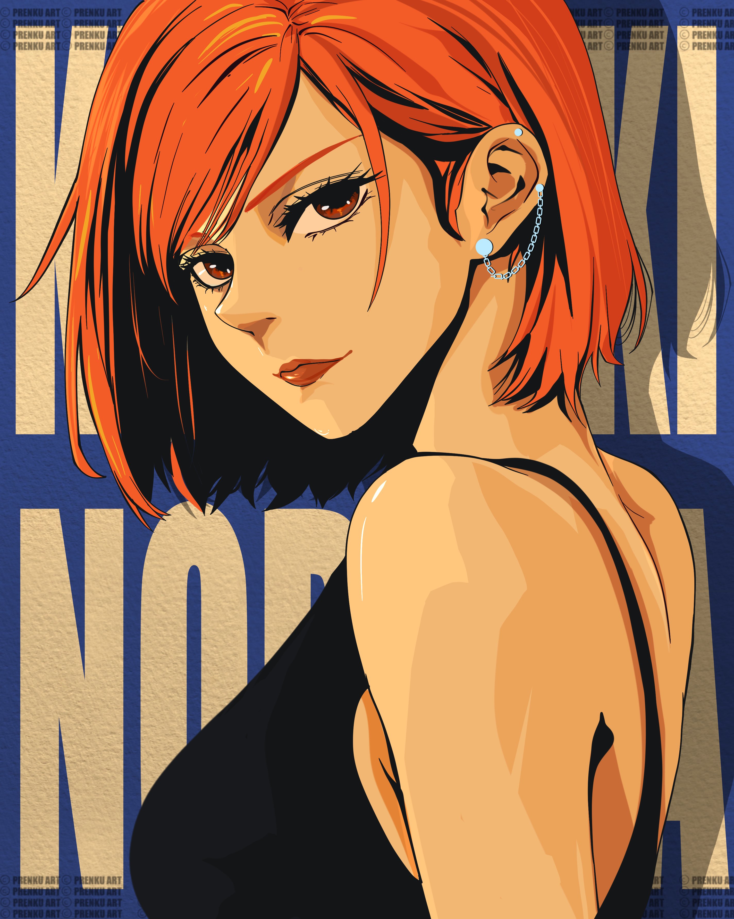 prenkuchan, kugisaki nobara, jujutsu kaisen, absurdres, commentary, english commentary, highres, 1girl, brown eyes, brown hair, chain, chain earrings, character name, closed mouth, earrings, eyelashes, jewelry, light smile, profile, shadow, short hair, smile, solo, swept bangs, twitter username, upper body
