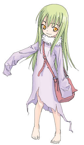 satou atsuki, amber (darker than black), darker than black, lowres, 00s, 1girl, aged down, bag, barefoot, child, feet, female focus, oversized clothes, shoulder bag, solo, torn clothes