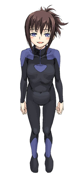 satou atsuki, darker than black, 00s, 1girl, :d, bai (darker than black), black bodysuit, black hair, blue eyes, blush, bodysuit, breasts, brown hair, clenched hands, covered navel, female focus, full body, looking at viewer, mecha pilot suit, open mouth, plugsuit (evangelion), ponytail, short hair, short ponytail, sidelocks, simple background, small breasts, smile, solo, standing, turtleneck, white background