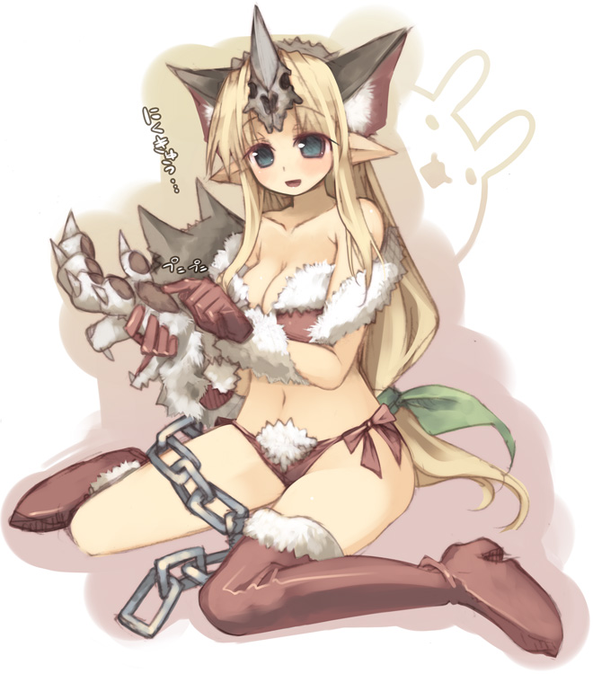 kashiwamochi yomogi, fenrir knight, riesz, seiken densetsu, seiken densetsu 3, square enix, 1girl, animal ears, blonde hair, boots, breasts, cat ears, chain, christmas, cleavage, female focus, gloves, horns, long hair, low-tied long hair, pointy ears, single horn, solo, thigh boots, thighhighs, very long hair, wolf, wolf ears