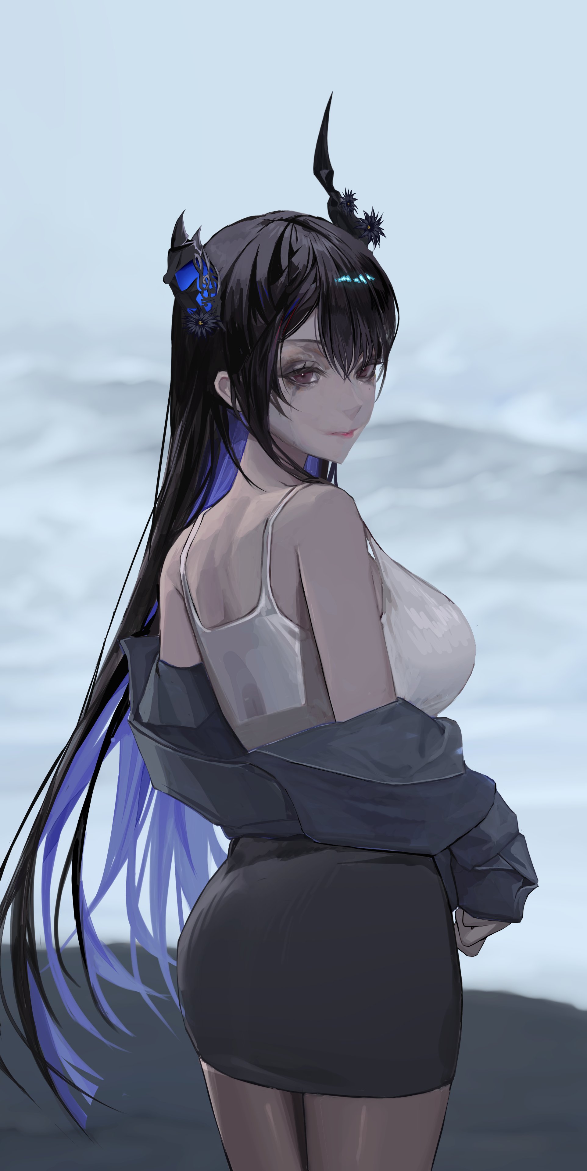thekaiyip, nerissa ravencroft, hololive, hololive english, absurdres, commentary, english commentary, highres, 1girl, alternate costume, ass, asymmetrical horns, black hair, black pantyhose, black skirt, blue hair, blurry, blurry background, breasts, camisole, colored inner hair, flower, from behind, grey jacket, horn flower, horns, jacket, large breasts, long hair, looking at viewer, looking back, makeup, miniskirt, multicolored hair, off shoulder, outdoors, pantyhose, pencil skirt, purple eyes, runny makeup, sidelocks, skirt, sleeves past wrists, solo, straight hair, uneven horns, very long hair, virtual youtuber, white camisole