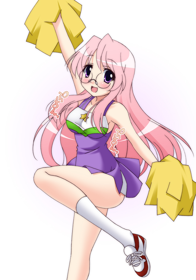 narutaki shin, takara miyuki, lucky star, 00s, 1girl, arm up, armpits, bare shoulders, barefoot, cheerleader, dress, female focus, glasses, kneehighs, leg up, looking at viewer, outstretched arms, purple dress, rimless eyewear, shoes, simple background, sneakers, socks, solo, standing, standing on one leg, thighs, white background, white socks