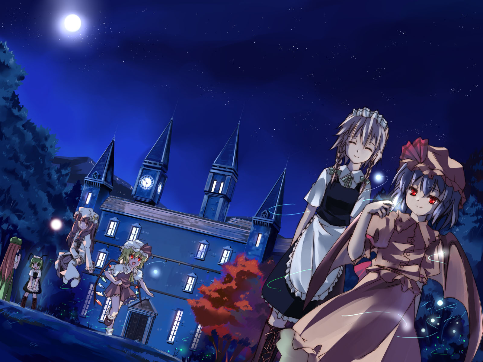 sho (runatic moon), flandre scarlet, hong meiling, izayoi sakuya, patchouli knowledge, remilia scarlet, wriggle nightbug, embodiment of scarlet devil, touhou, highres, 6+girls, alternate costume, antennae, bat wings, beret, bug, clock, clock tower, enmaided, female focus, fireflies, firefly, hat, insect, maid, maid headdress, mob cap, multiple girls, night, night sky, scarlet devil mansion, siblings, sisters, sky, smile, star (sky), star (symbol), tower, tree, wings