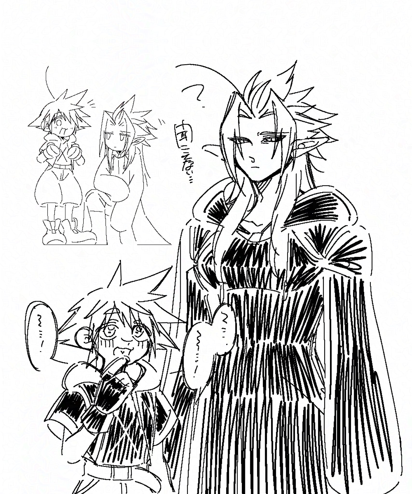 sora (kingdom hearts), xemnas, kingdom hearts, kingdom hearts 3d: dream drop distance, commentary, highres, translation request, 2boys, :3, ?, belt, black coat (kingdom hearts), boots, clenched hands, gloves, hair over shoulder, hand to own mouth, hand up, hands up, height difference, hood, hood down, hooded coat, hooded jacket, jacket, knee boots, kneeling, long coat, long hair, long pointy ears, looking at another, male focus, monochrome, multiple boys, multiple views, notice lines, on one knee, open mouth, parted bangs, pointy ears, puffy pants, shoes, short hair, short sleeves, sidelocks, sketch, smile, spiked hair, standing, upper body, wankororin5656, white background