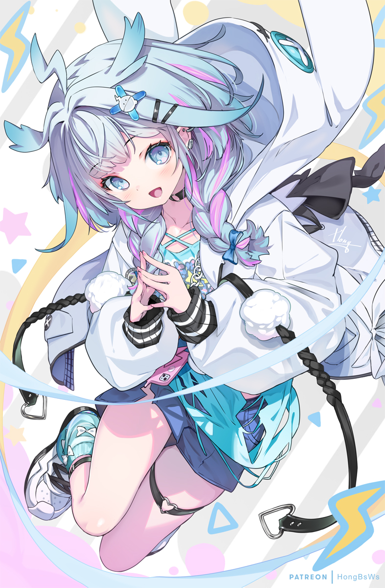 hong (white spider), mizumiya su, hololive, hololive dev is, commentary request, highres, 1girl, black choker, blue eyes, blue hair, choker, jacket, long sleeves, multicolored hair, open mouth, patreon username, pink hair, shoes, smile, sneakers, solo, two-tone hair, virtual youtuber, white jacket, white shoes