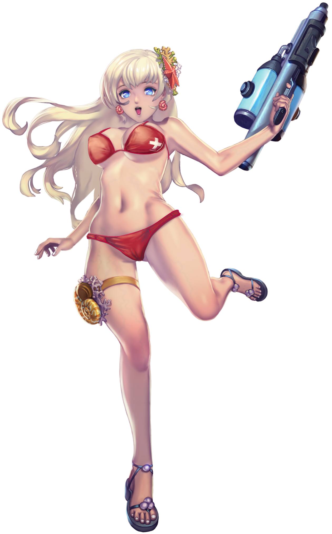 crystal maiden (series), artist request, game cg, highres, official art, variant set, 1girl, armpits, bare legs, bare shoulders, bikini, blonde hair, blue eyes, breasts, cleavage, coral hair ornament, full body, gun, holding, holding gun, holding weapon, julia (crystal maidens), long hair, navel, open mouth, red bikini, sandals, seashell, shell, solo, standing, standing on one leg, starfish hair ornament, swimsuit, transparent background, weapon