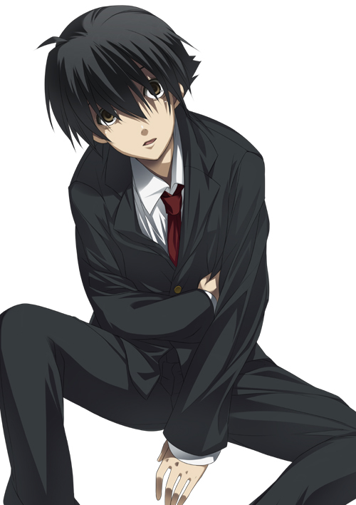 mizuki makoto, itou makoto (school days), school days, 00s, 1boy, black hair, brown eyes, looking at viewer, male focus, necktie, open mouth, school uniform, short hair, simple background, sitting, solo, white background