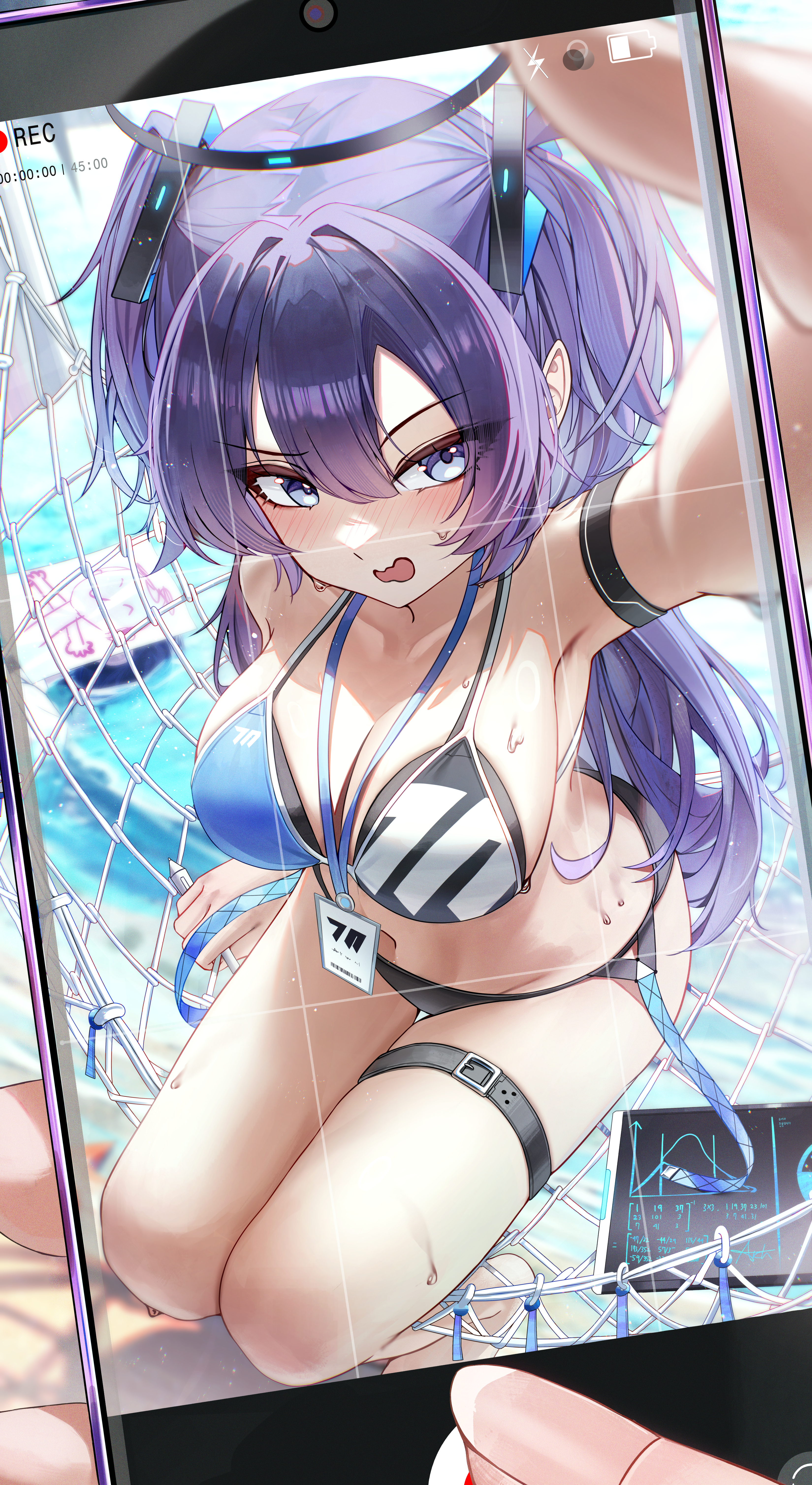 arch a4, doodle sensei (blue archive), sensei (blue archive), yuuka (blue archive), blue archive, absurdres, commentary, highres, 1girl, arm strap, arm up, armpits, bare shoulders, belt, bikini, blue bikini, blue eyes, breasts, cellphone, cleavage, hair between eyes, hair ornament, halo, hammock, holding, holding phone, id card, lanyard, large breasts, long hair, looking at viewer, multicolored bikini, navel, open mouth, phone, purple hair, raised eyebrow, sitting, smartphone, solo, stomach, string bikini, swimsuit, thigh belt, thigh strap, thighs, two-tone bikini, two side up, v-shaped eyebrows, very long hair, viewfinder, wet