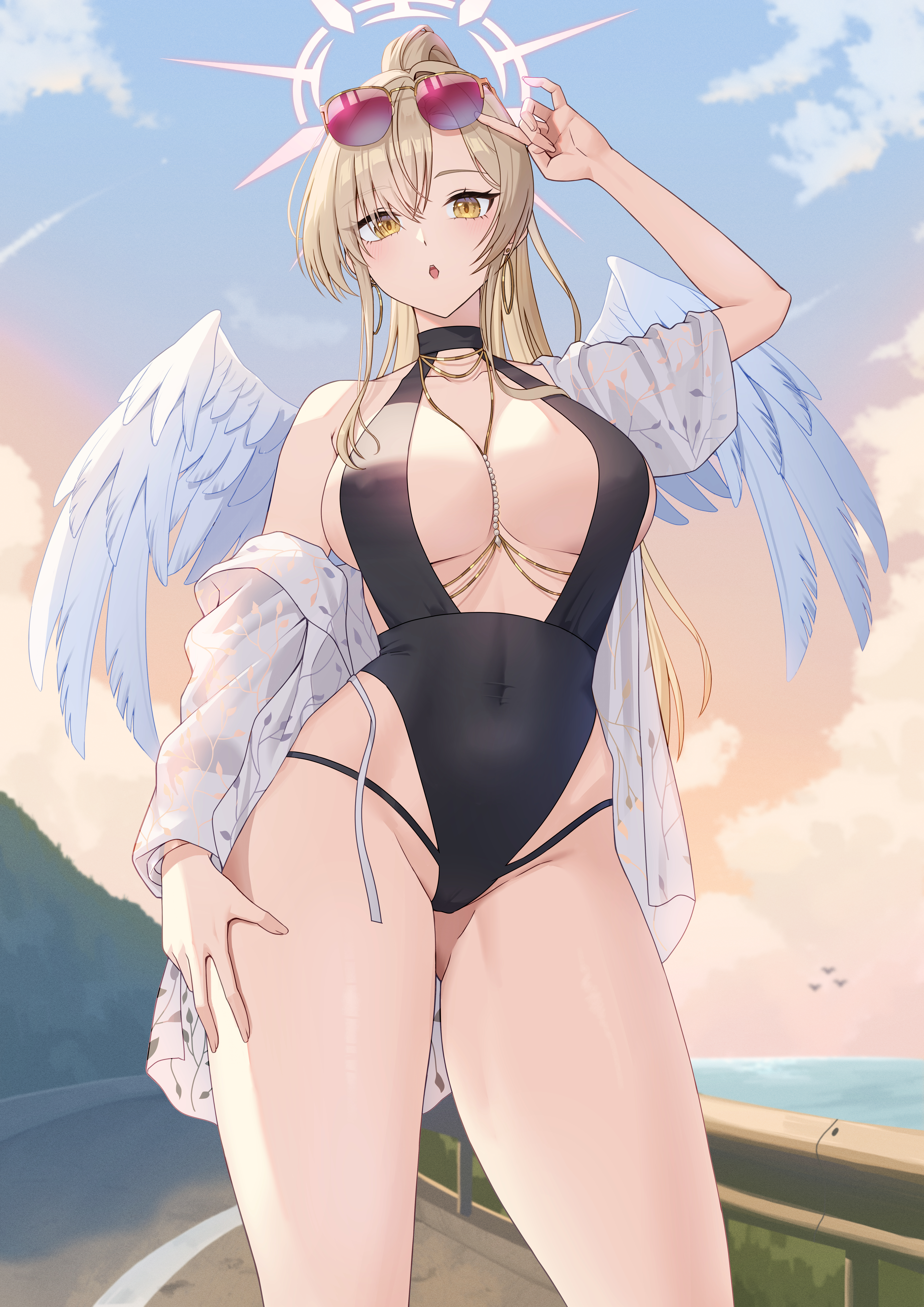 miyo12, nagisa (blue archive), nagisa (swimsuit) (blue archive), blue archive, absurdres, highres, 1girl, angel wings, aviator sunglasses, black one-piece swimsuit, feathered wings, halo, official alternate costume, official alternate hairstyle, one-piece swimsuit, solo, sunglasses, swimsuit, tinted eyewear, white wings, wings