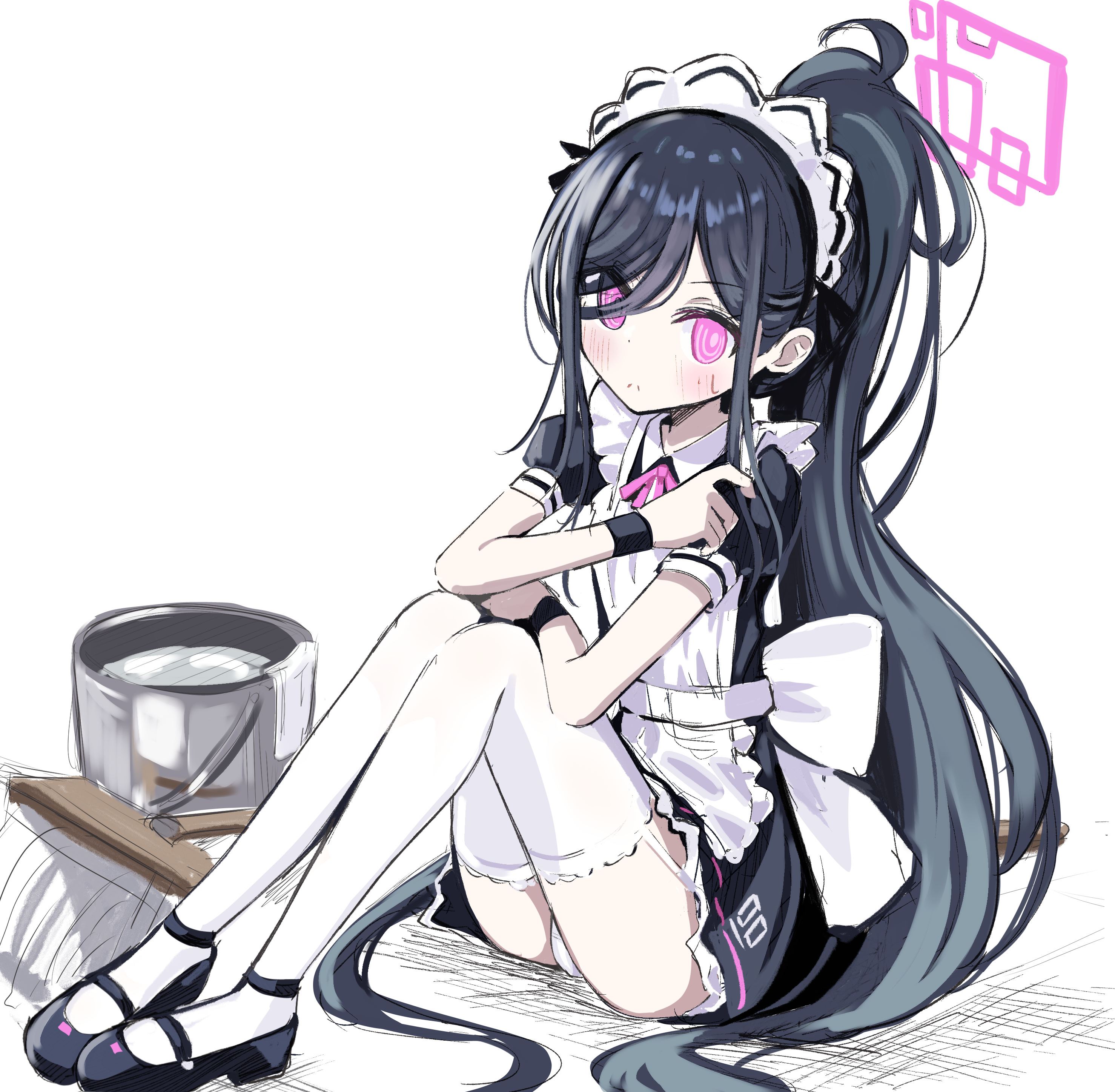 thomason366, kei (blue archive), blue archive, absurdres, highres, 1girl, apron, black dress, black hair, black shoes, blush, broom, bucket, dress, halo, high ponytail, long hair, maid apron, maid headdress, panties, panty peek, pink eyes, pink halo, pink ribbon, ponytail, ribbon, shoes, simple background, solo, thighhighs, underwear, white apron, white background, white headdress, white panties, white thighhighs