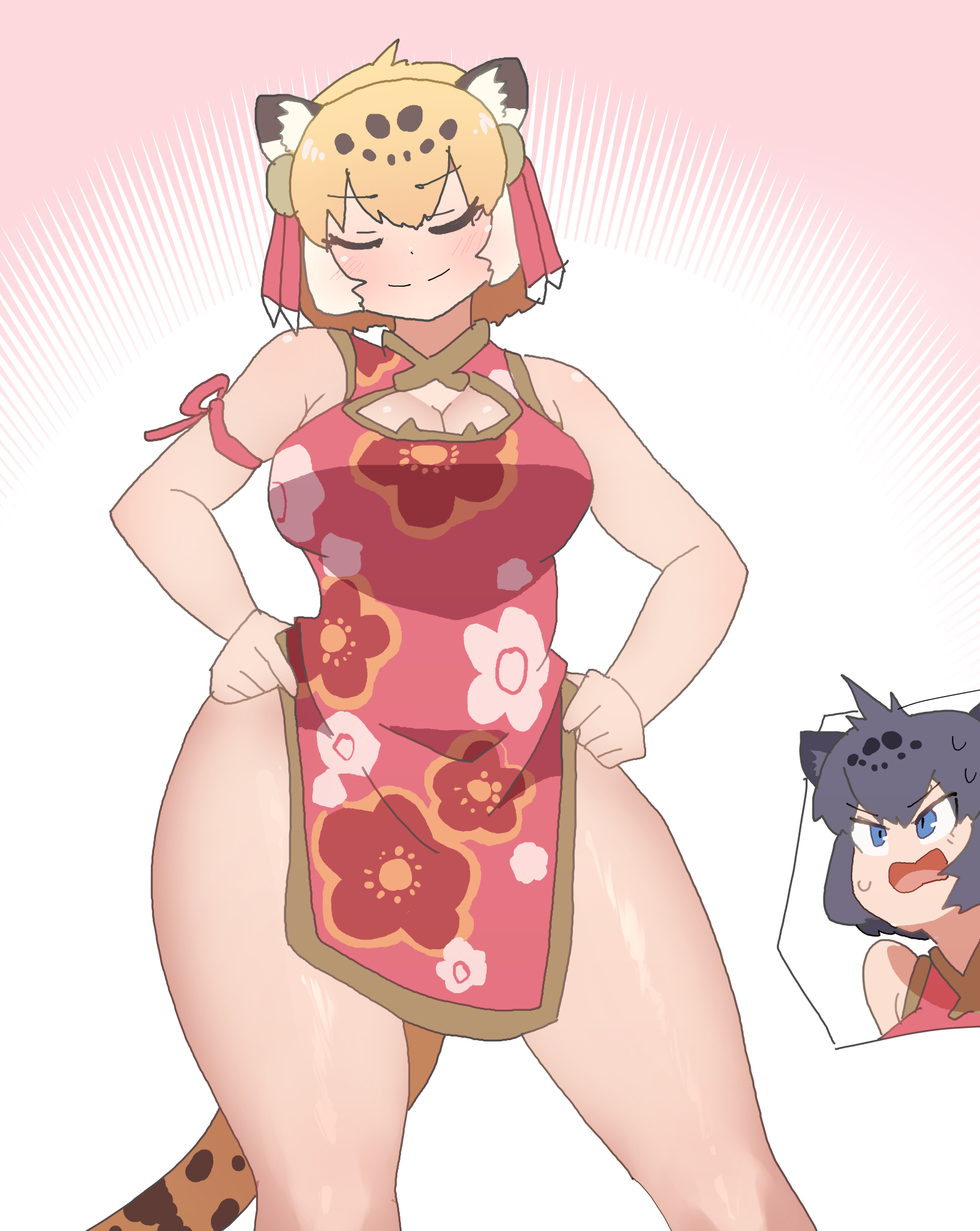 nishuu miri, black jaguar (kemono friends), jaguar (kemono friends), kemono friends, highres, 2girls, alternate costume, animal ears, animal print, arm strap, black hair, blonde hair, blue eyes, breasts, cat tail, china dress, chinese clothes, cleavage, closed eyes, closed mouth, dress, floral print, floral print dress, hands on own hips, large breasts, multiple girls, open mouth, print dress, sleeveless, smile, smug, sweatdrop, tail, thighs, v-shaped eyebrows, wide hips