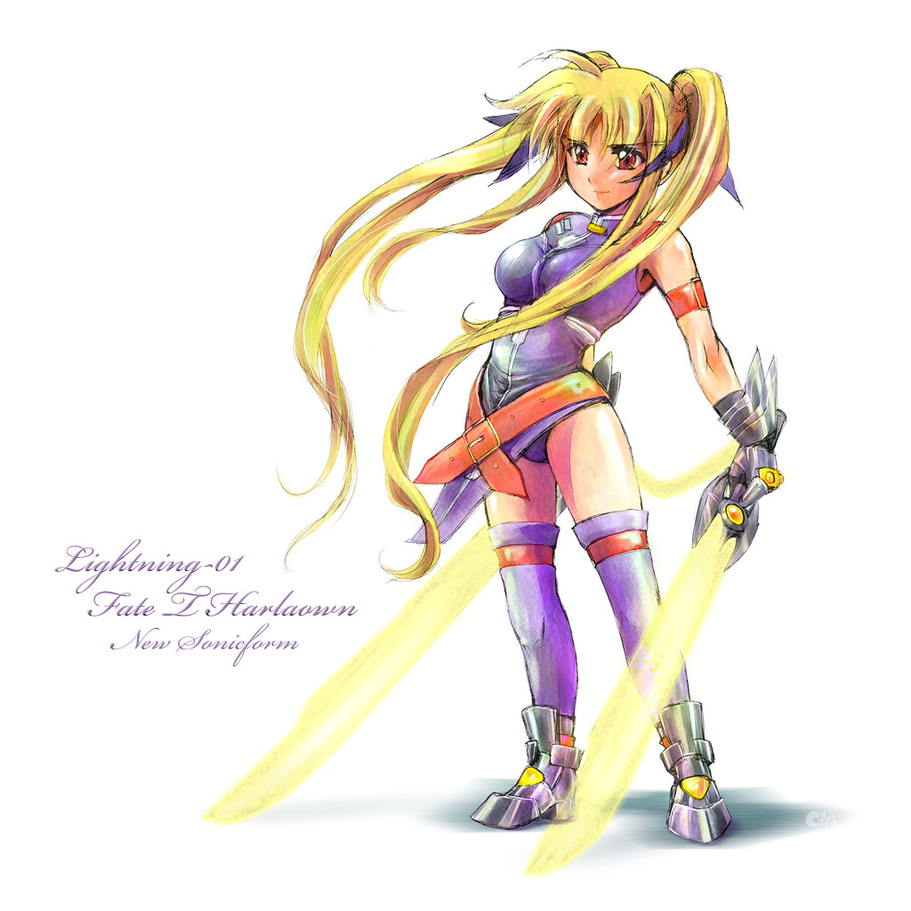 main, bardiche (nanoha), bardiche (riot zanber stinger) (nanoha), fate testarossa, fate testarossa (true sonic form), lyrical nanoha, mahou shoujo lyrical nanoha, mahou shoujo lyrical nanoha strikers, 00s, blonde hair, long hair, solo, sword, thighhighs, twintails, very long hair, weapon