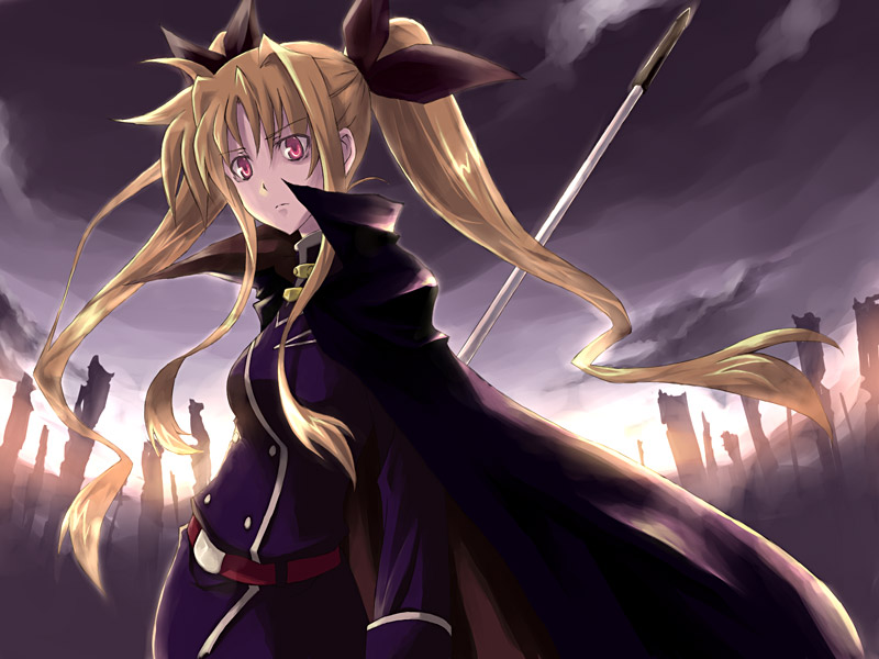 nekokun, bardiche (nanoha), fate testarossa, fate testarossa (impulse form), fate/stay night, fate (series), lyrical nanoha, mahou shoujo lyrical nanoha, mahou shoujo lyrical nanoha strikers, 00s, 1girl, belt, blonde hair, buckle, buttons, cape, crossover, double-breasted, female focus, holding, holding weapon, long hair, long sleeves, looking at viewer, polearm, red eyes, rod, sidelocks, solo, staff, very long hair, weapon