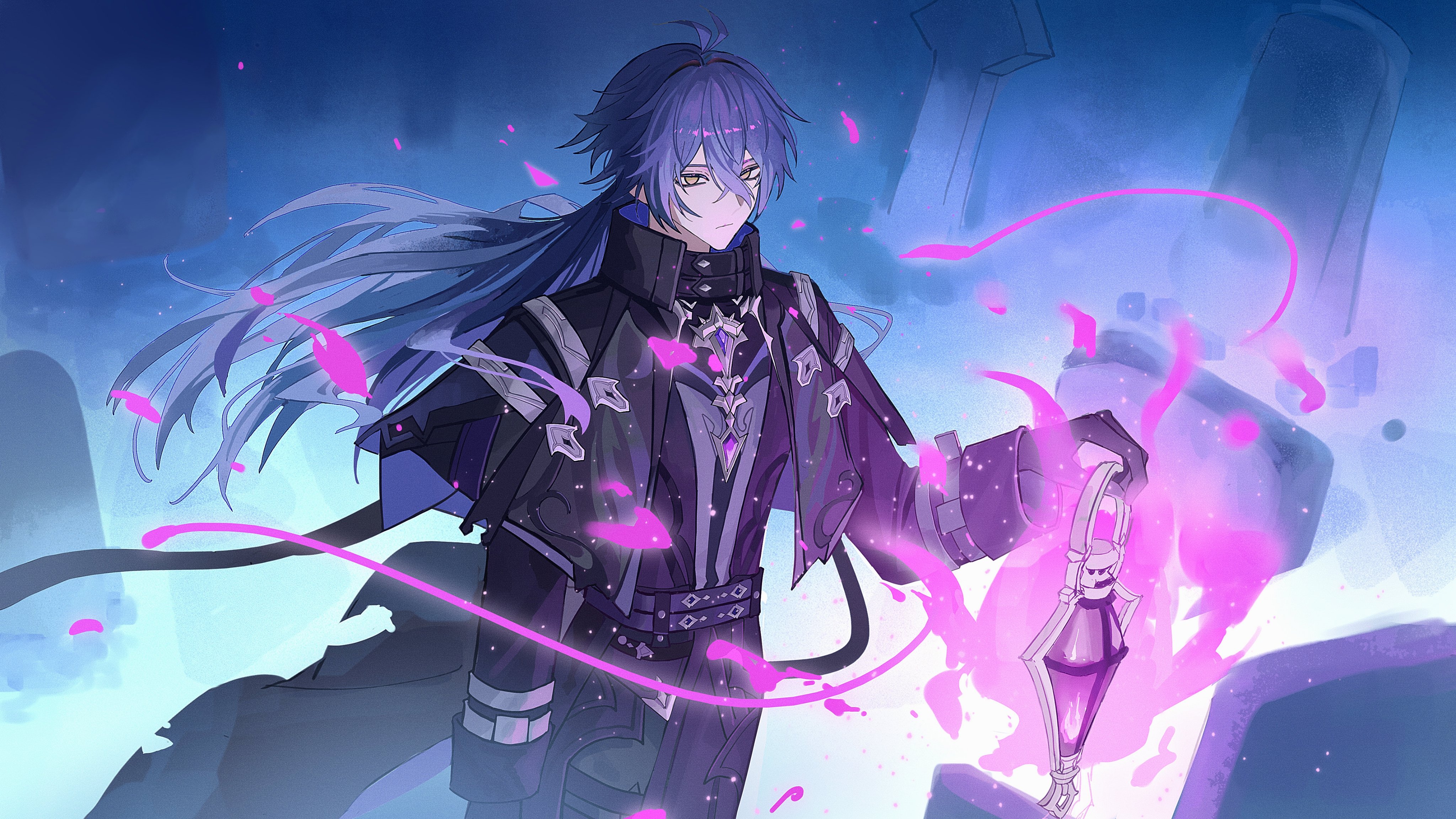 flins (genshin impact), genshin impact, absurdres, hashtag-only commentary, highres, 1boy, black coat, black gloves, black pants, blue hair, blurry, blurry background, chest jewel, closed mouth, coat, collared coat, expressionless, fire, fivedaysmore, fog, gloves, glowing, gradient hair, graveyard, hair between eyes, holding, holding lantern, lantern, long hair, long sleeves, looking down, looking to the side, multicolored hair, no pupils, outdoors, pants, powering up, purple fire, solo, standing, tombstone, upper body, wavy hair, yellow eyes