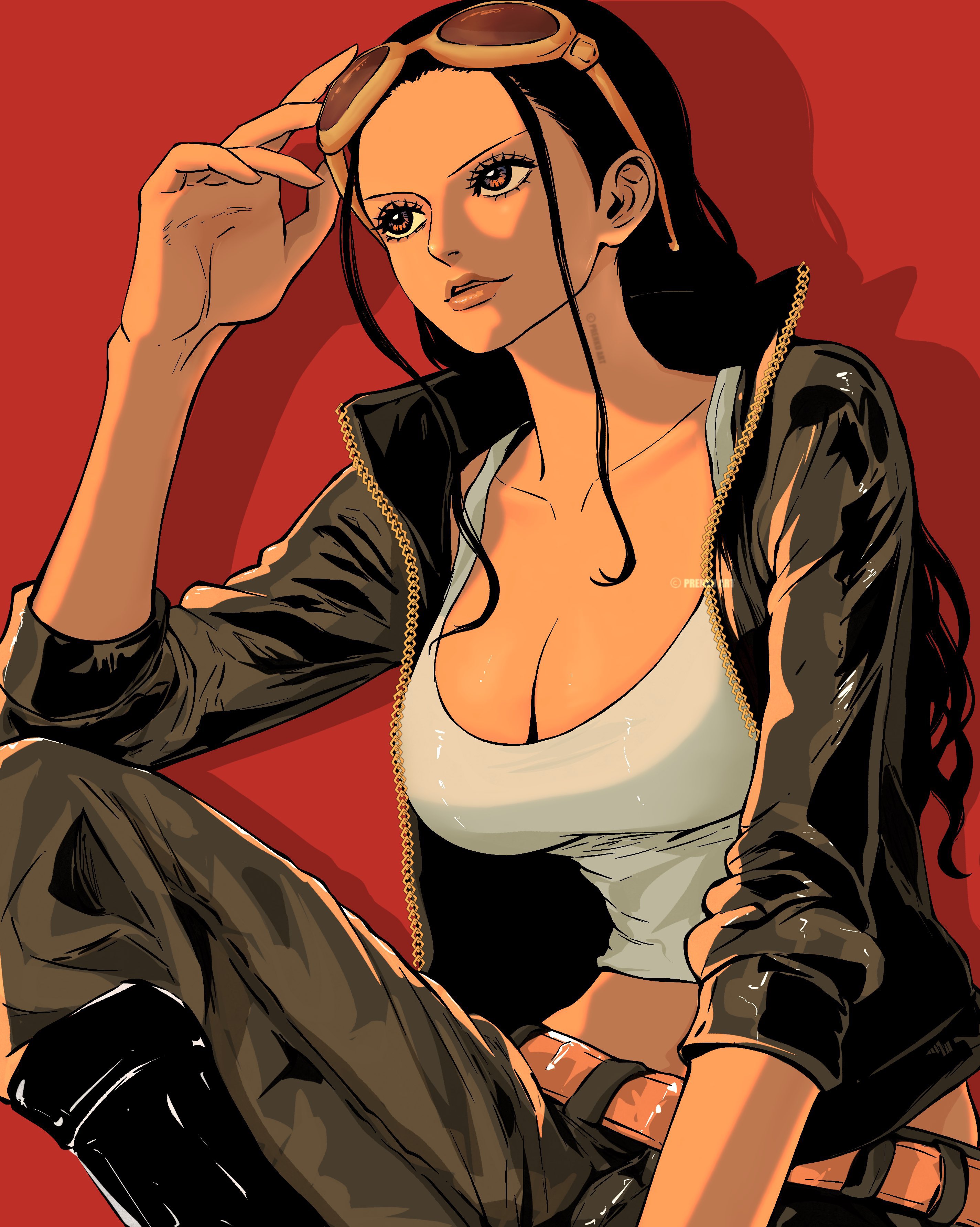 prenkuchan, nico robin, one piece, absurdres, commentary, english commentary, highres, 1girl, belt, black hair, boots, breasts, cleavage, eyelashes, goggles, goggles on head, jacket, leather, leather jacket, leather pants, long hair, looking ahead, open clothes, open jacket, pants, parted lips, shadow, simple background, solo, tank top, twitter username, white tank top