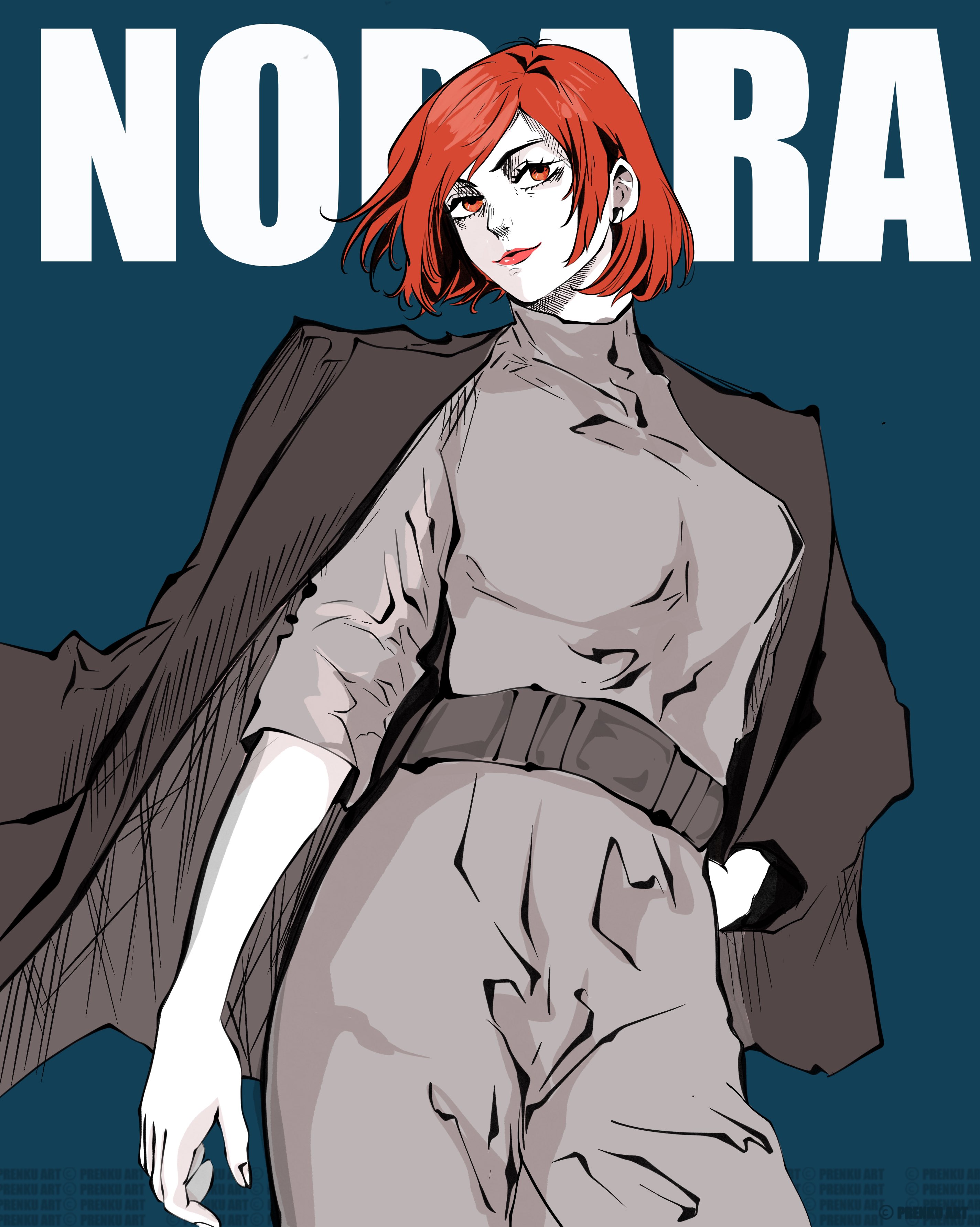 prenkuchan, kugisaki nobara, jujutsu kaisen, absurdres, commentary, english commentary, highres, 1girl, blue background, character name, closed mouth, cowboy shot, hand in pocket, jacket, jacket on shoulders, light smile, looking ahead, orange eyes, orange hair, short hair, sidelocks, solo, turtleneck, twitter username