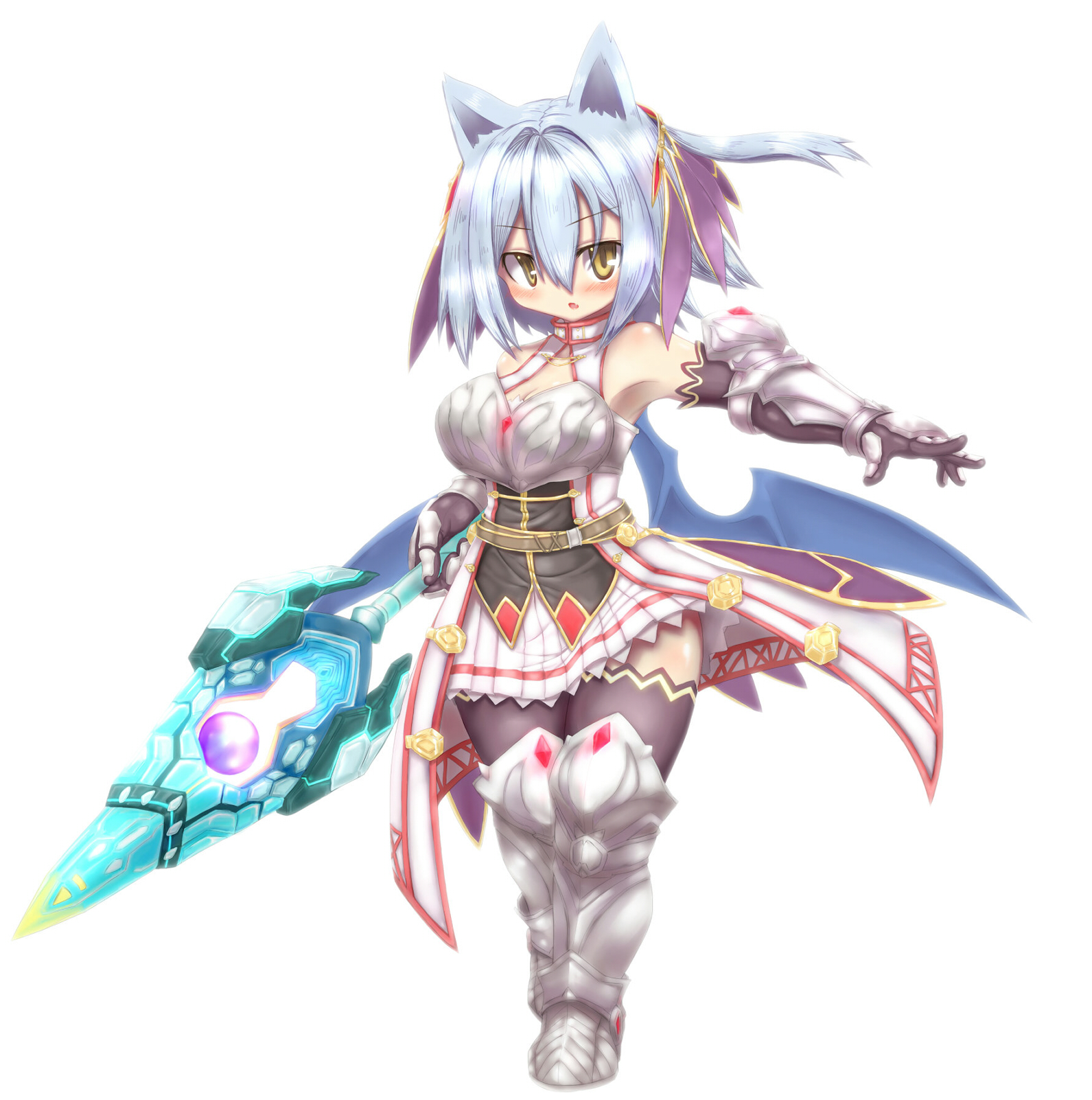 rafoll, emil chronicle online, highres, 1girl, alternate costume, animal ears, arm guards, armor, armored boots, bare shoulders, bat ears, bat girl, bat wings, belt, boobplate, boots, breastplate, breasts, brown gloves, brown thighhighs, curvy, delucky alma, dress, elbow gloves, gloves, hair ornament, holding, holding polearm, holding weapon, large breasts, open mouth, polearm, side ponytail, solo, thighhighs, weapon, white background, white boots, white dress, white hair, wings, yellow eyes