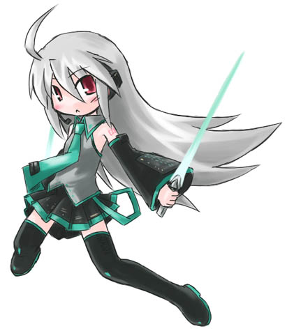 kugelschreiber, hatsune miku, vocaloid, silver hair, lowres, tagme, ahoge, long hair, necktie, red eyes, sword, thighhighs, weapon