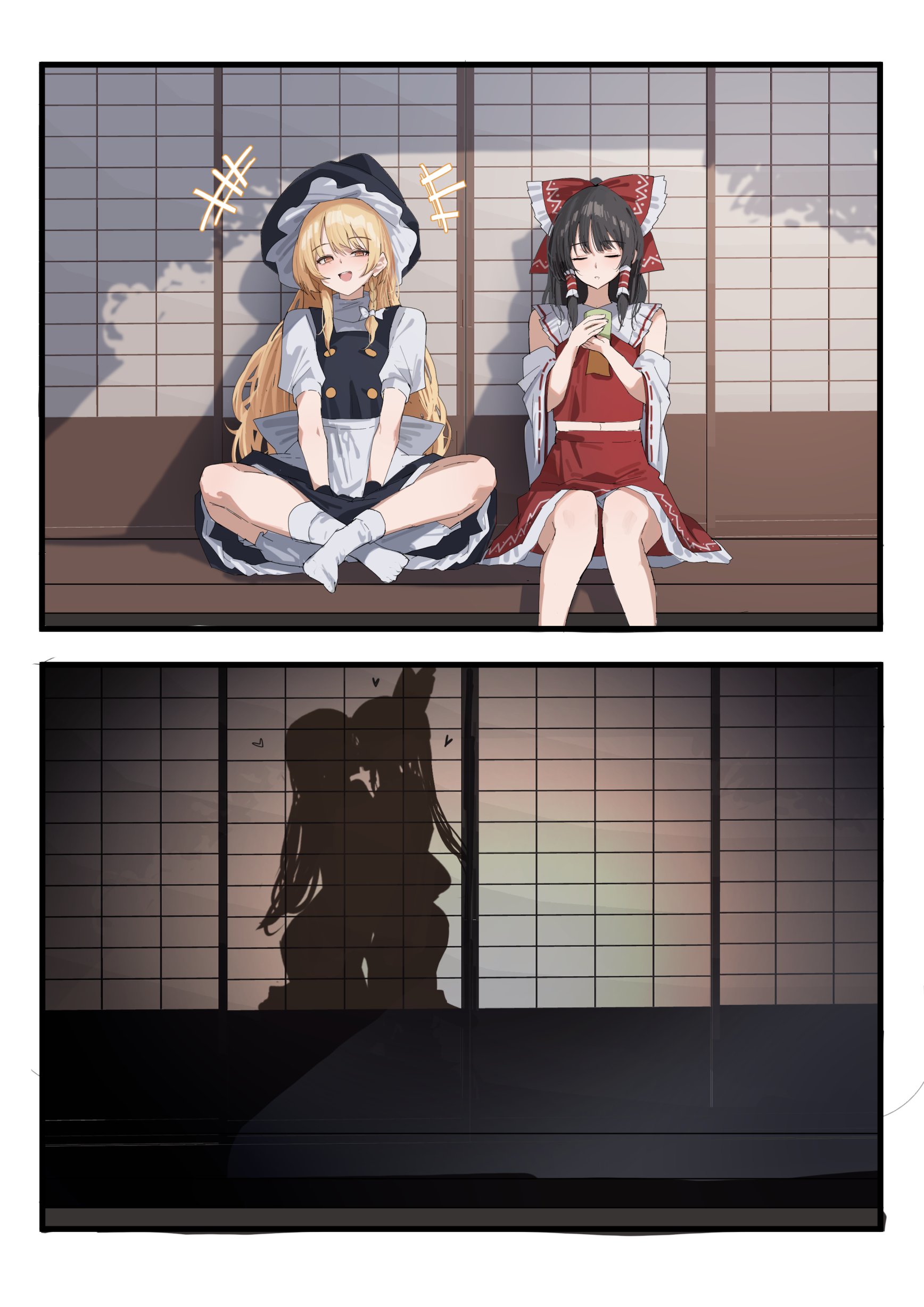 258n, hakurei reimu, kirisame marisa, touhou, highres, 2girls, apron, ascot, black dress, black hair, black hat, blonde hair, buttons, detached sleeves, dress, hair ribbon, hat, japanese clothes, kiss, long hair, miko, multiple girls, red ascot, red dress, red ribbon, ribbon, sarashi, silhouette, socks, white socks, witch hat, yuri