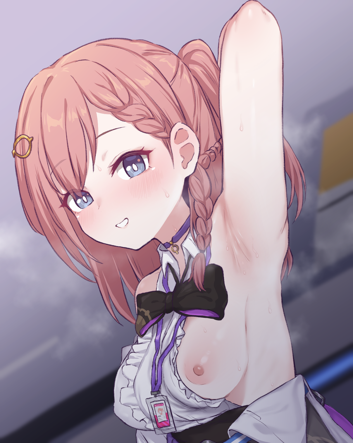lee mae hyang, asta (honkai: star rail), honkai: star rail, honkai (series), highres, 1girl, arm behind head, armpits, black bow, black bowtie, blue eyes, blush, bow, bowtie, breasts, bright pupils, from side, grin, long hair, looking at viewer, medium breasts, nipples, one breast out, pink hair, presenting armpit, shirt, smile, solo, upper body, white pupils, white shirt