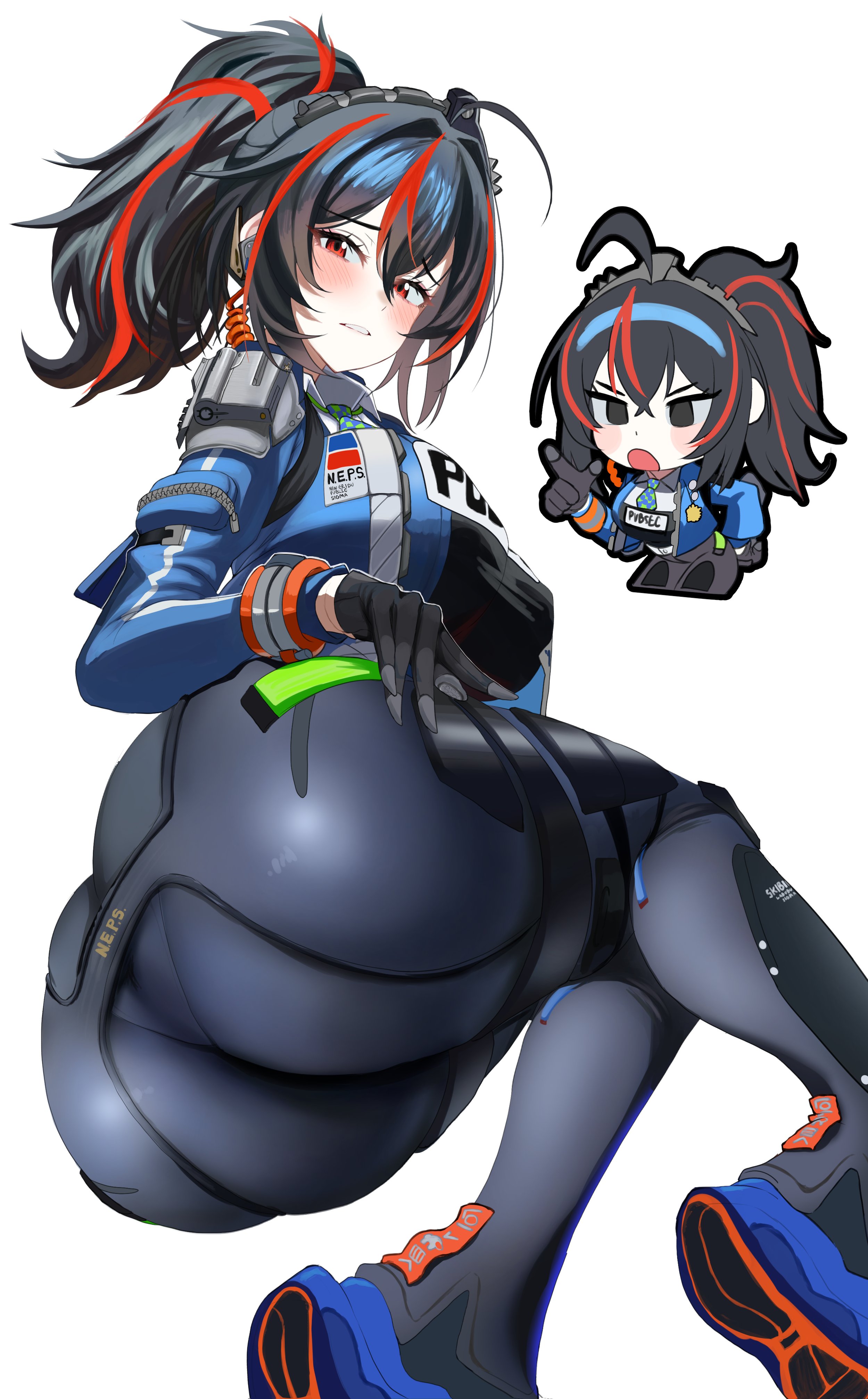 desspie, zhu yuan, zenless zone zero, absurdres, highres, 1girl, ass, ass focus, black gloves, black hair, black pants, blue jacket, blue shoes, blush, breasts, chibi, chibi inset, gloves, hairband, holster, jacket, large breasts, looking at viewer, lying, metal hairband, multicolored hair, on side, pants, parted lips, police, police uniform, policewoman, ponytail, red hair, shoes, shoulder holster, simple background, solo, streaked hair, tight clothes, tight pants, white background