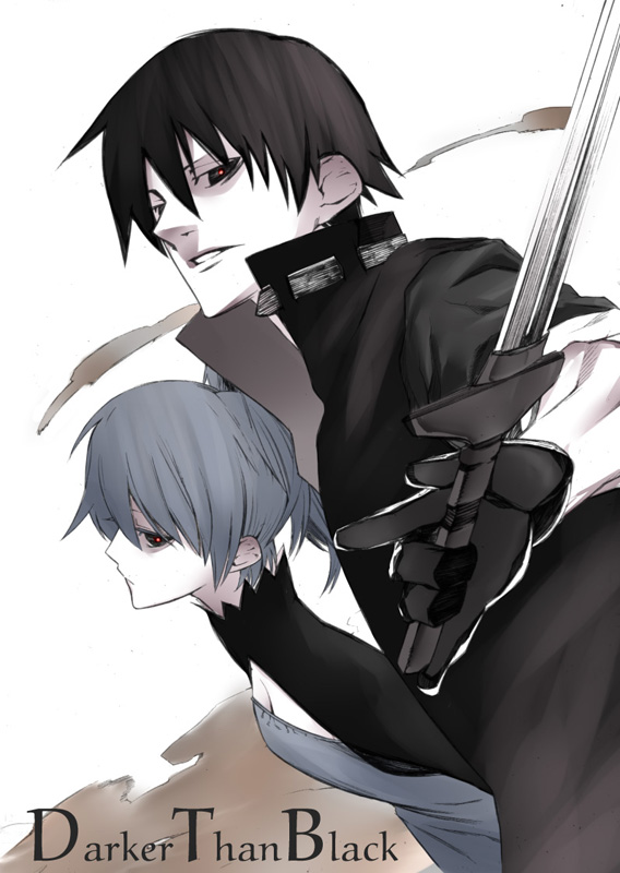 onigunsou, hei (darker than black), yin (darker than black), darker than black, silver hair, 00s, 1boy, 1girl, black eyes, black hair, dress, english text, glowing, glowing eyes, knife, looking at viewer, pale skin, weapon