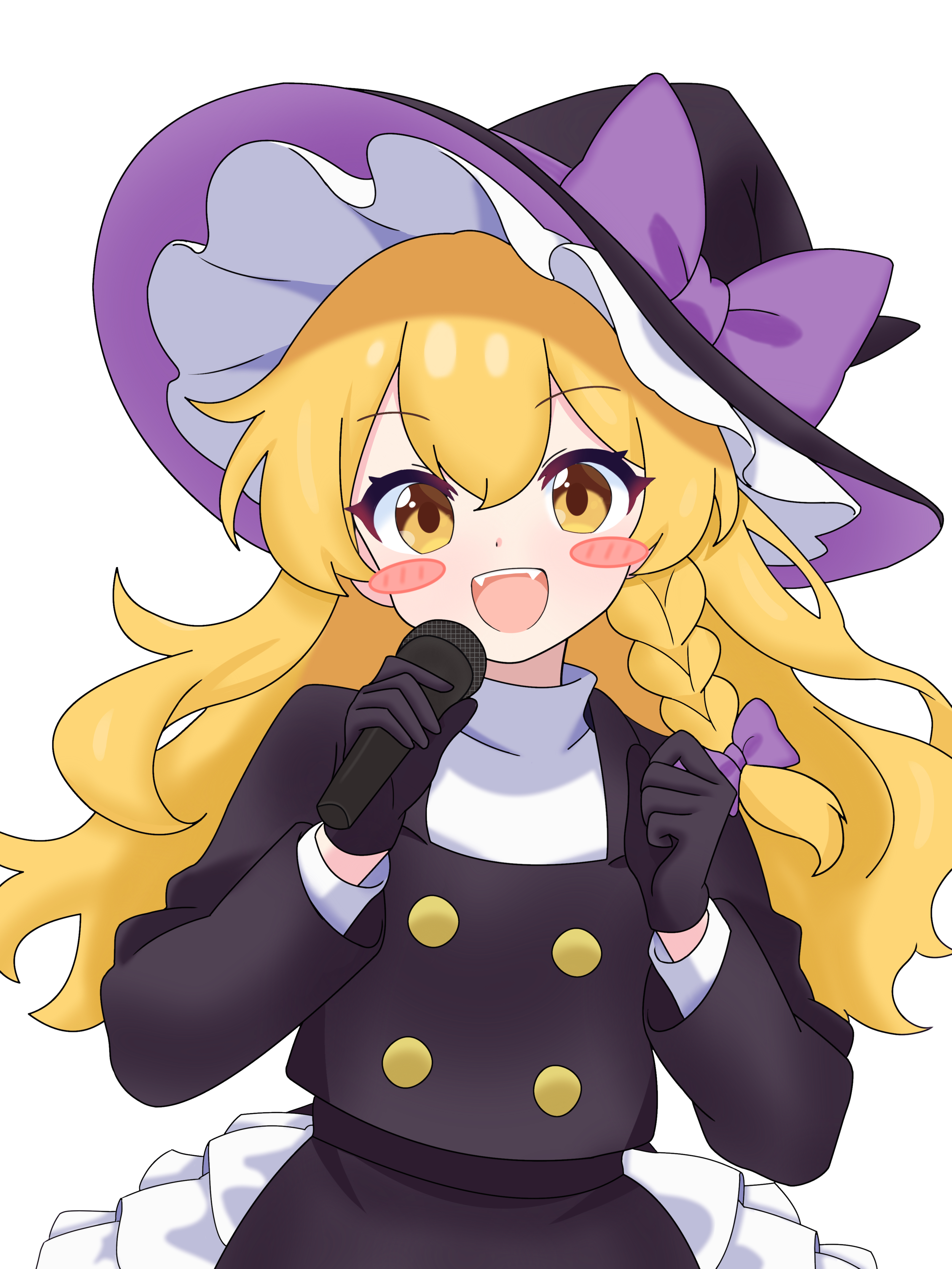 kirisame marisa, touhou, absurdres, chinese commentary, commentary, highres, 1girl, :d, adapted costume, black gloves, black hat, black jacket, blonde hair, blush stickers, bow, braid, buttons, clenched hand, cowboy shot, double-breasted, double-parted bangs, eyelashes, fangs, floating hair, gloves, hair between eyes, hair bow, hands up, happy, hat, hat bow, holding, holding microphone, jacket, long hair, long sleeves, looking at viewer, microphone, open mouth, purple bow, qing zhanglao, shirt, simple background, single braid, smile, solo, tareme, teeth, upper teeth only, white background, white shirt, witch hat, yellow eyes