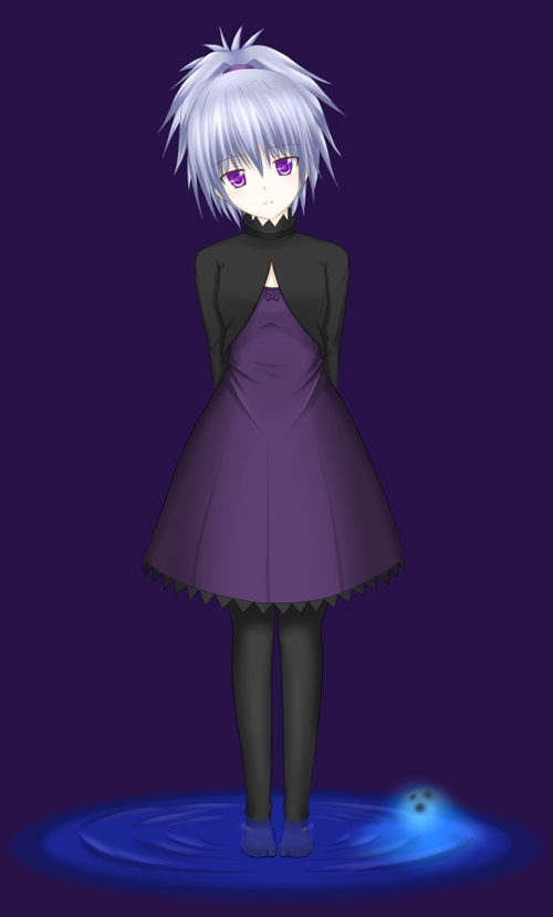 yin (darker than black), darker than black, 00s, 1girl, dress, female focus, full body, grey hair, long sleeves, purple dress, purple eyes, ripples, solo, water