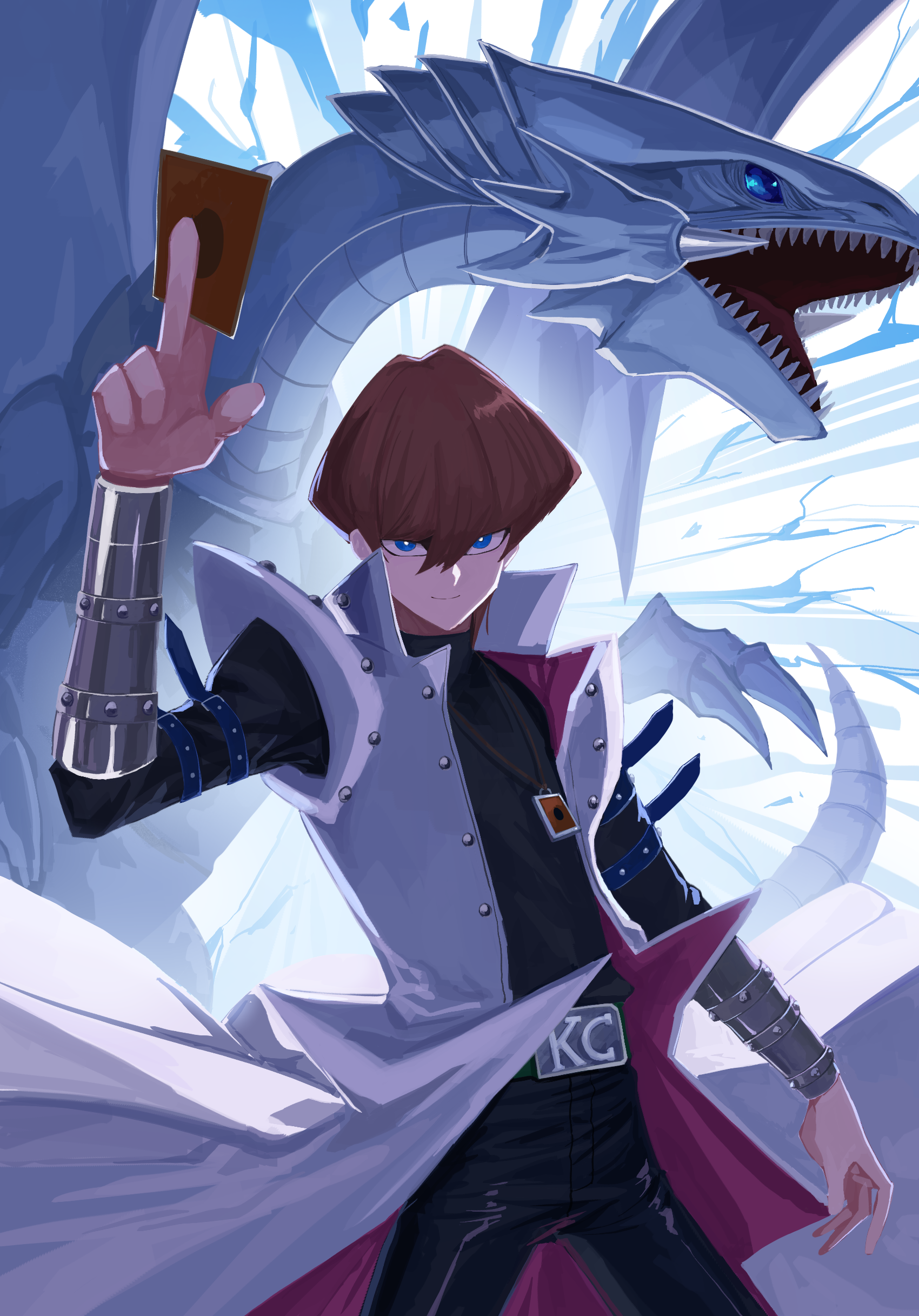 nbee ya, kaiba seto, kaiba, yu-gi-oh!, absurdres, highres, 1boy, black pants, blue eyes, brown hair, card, closed mouth, coat, cowboy shot, dragon, hair between eyes, hand up, holding, holding card, legs apart, looking at viewer, male focus, open mouth, pants, short hair, smile, standing, two-sided coat, two-sided fabric, white coat