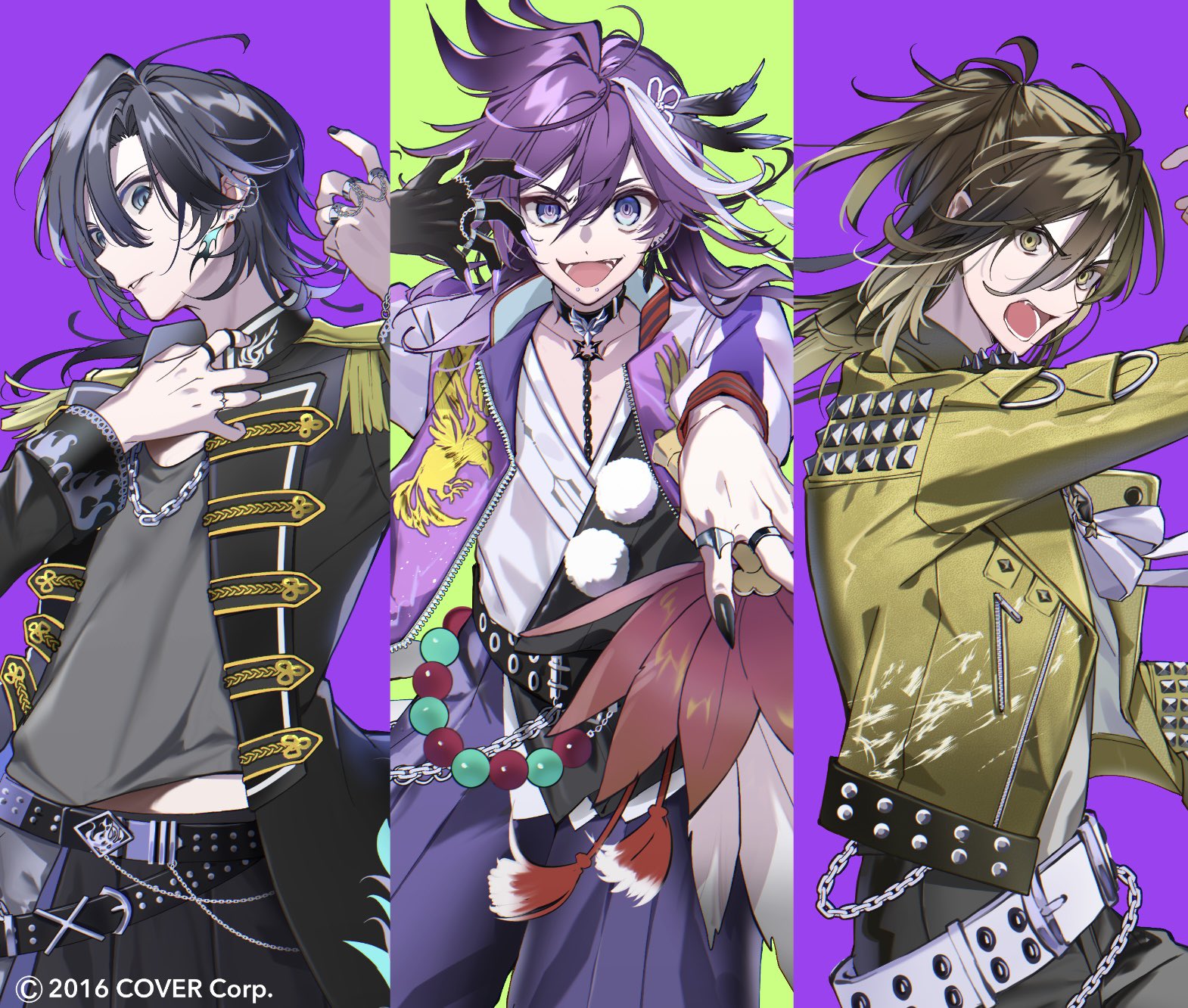 luka ooooo, banzoin hakka, unnamed (utaite), holostars, holostars english, indie utaite, highres, official art, 1other, 2boys, :d, alternate costume, androgynous, bead belt, bead bracelet, beads, belt, belt buckle, black belt, black choker, black hair, black jacket, black nails, black pants, black skin, blue eyes, bracelet, brown hair, buckle, chain, chain bracelet, chain necklace, chin piercing, choker, collarbone, colored extremities, colored skin, column lineup, copyright notice, cowboy shot, curtained hair, ear chain, earrings, epaulettes, face piercing, fang, feather earrings, feather fan, feather hair ornament, feathers, fingernails, fold-over collar, green background, grey shirt, hair between eyes, hair ornament, hakama, hakama pants, half updo, hand fan, hand on own neck, hand over eye, hand up, holding, holding fan, ireisu, jacket, japanese clothes, jewelry, lapels, leather, leather jacket, letterman jacket, linked piercing, long hair, long hair between eyes, long sleeves, looking at viewer, looking to the side, medium hair, midriff peek, multicolored hair, multiple boys, multiple rings, nail polish, neck ribbon, necklace, open clothes, open jacket, open mouth, outstretched arm, pants, pendant choker, piercing, pink lips, pom pom (clothes), print jacket, purple background, purple hair, purple hakama, purple nails, ribbon, ring, sharp fingernails, shirt, sideways glance, single hair intake, sleeve cuffs, smile, spiked jacket, streaked hair, tassel, two-tone shirt, utaite, v-shaped eyebrows, virtual youtuber, wallet chain, white belt, white hair, white jacket, white ribbon, yellow eyes, yellow jacket, yusuke (ireisu), zipper