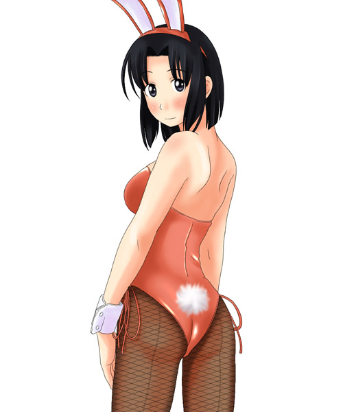 toshifumi, mizuno youko, maria-sama ga miteru, 00s, 1girl, animal ears, ass, back, bare back, black eyes, black hair, blush, breasts, cowboy shot, cropped legs, fake animal ears, female focus, fishnet pantyhose, fishnets, leotard, looking at viewer, looking back, maria sama, pantyhose, playboy bunny, rabbit ears, rabbit tail, short hair, simple background, solo, strapless, tail, white background, wrist cuffs