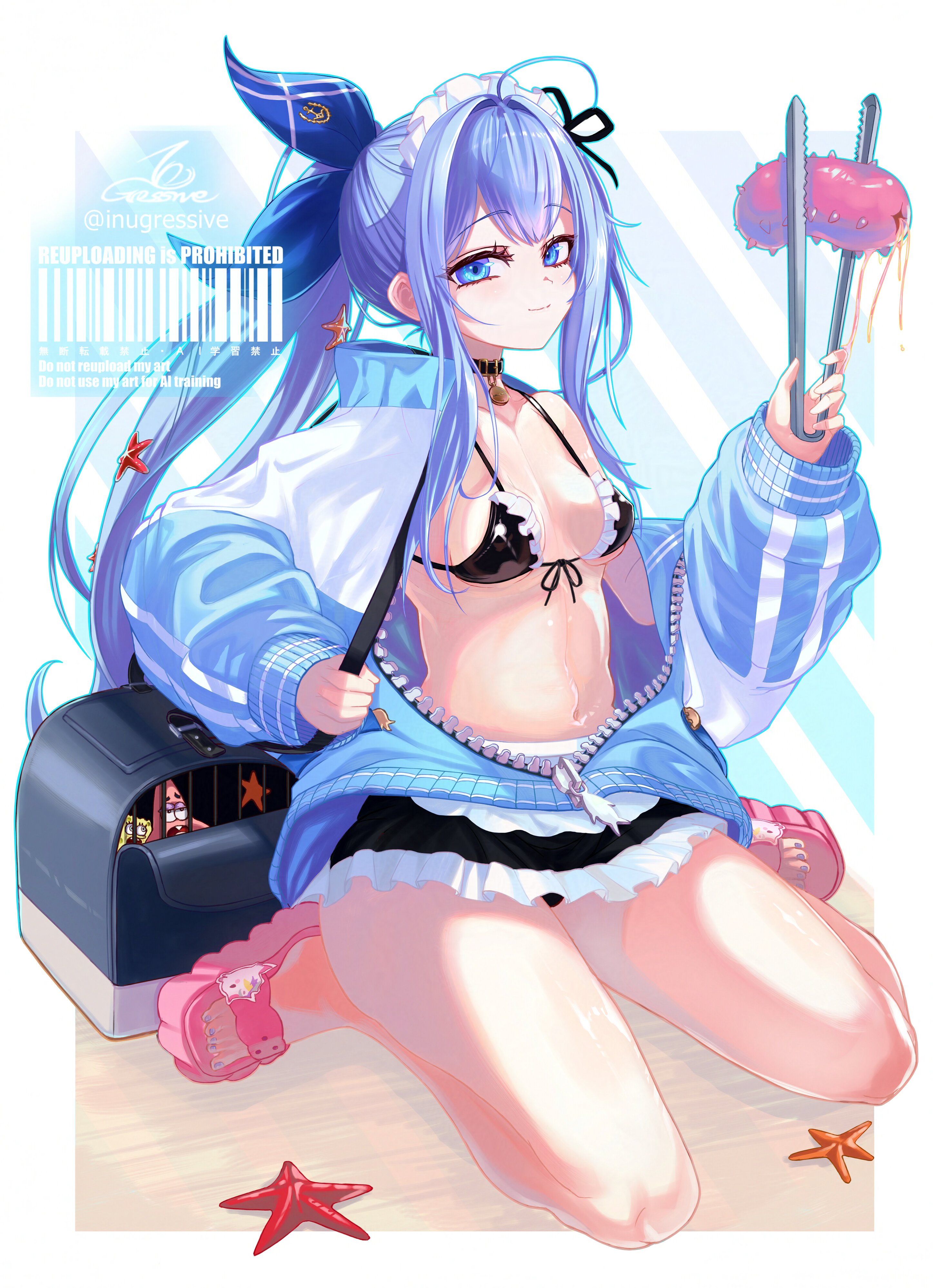 inugressive, anchor (innocent maid) (nikke), anchor (nikke), patrick star, spongebob squarepants, goddess of victory: nikke, spongebob squarepants (series), absurdres, highres, 1girl, 2boys, ahoge, apron, bag, bikini, black bikini, black ribbon, blue bow, blue eyes, blue hair, blue jacket, blue nails, bow, breasts, collar, crossover, diagonal-striped background, duffel bag, frilled bikini, frills, front-tie bikini top, front-tie top, hair bow, hair intakes, hair ribbon, happy, holding, holding bag, holding tongs, jacket, light smile, long hair, long sidelocks, looking at viewer, maid, maid bikini, maid headdress, multiple boys, nail polish, partially unzipped, pink sandals, ponytail, ribbon, sandals, sea cucumber, sidelocks, sitting, slides, small breasts, starfish, striped background, swimsuit, toenail polish, toenails, tongs, twitter username, unconventional maid, very long hair, waist apron, wariza, zipper