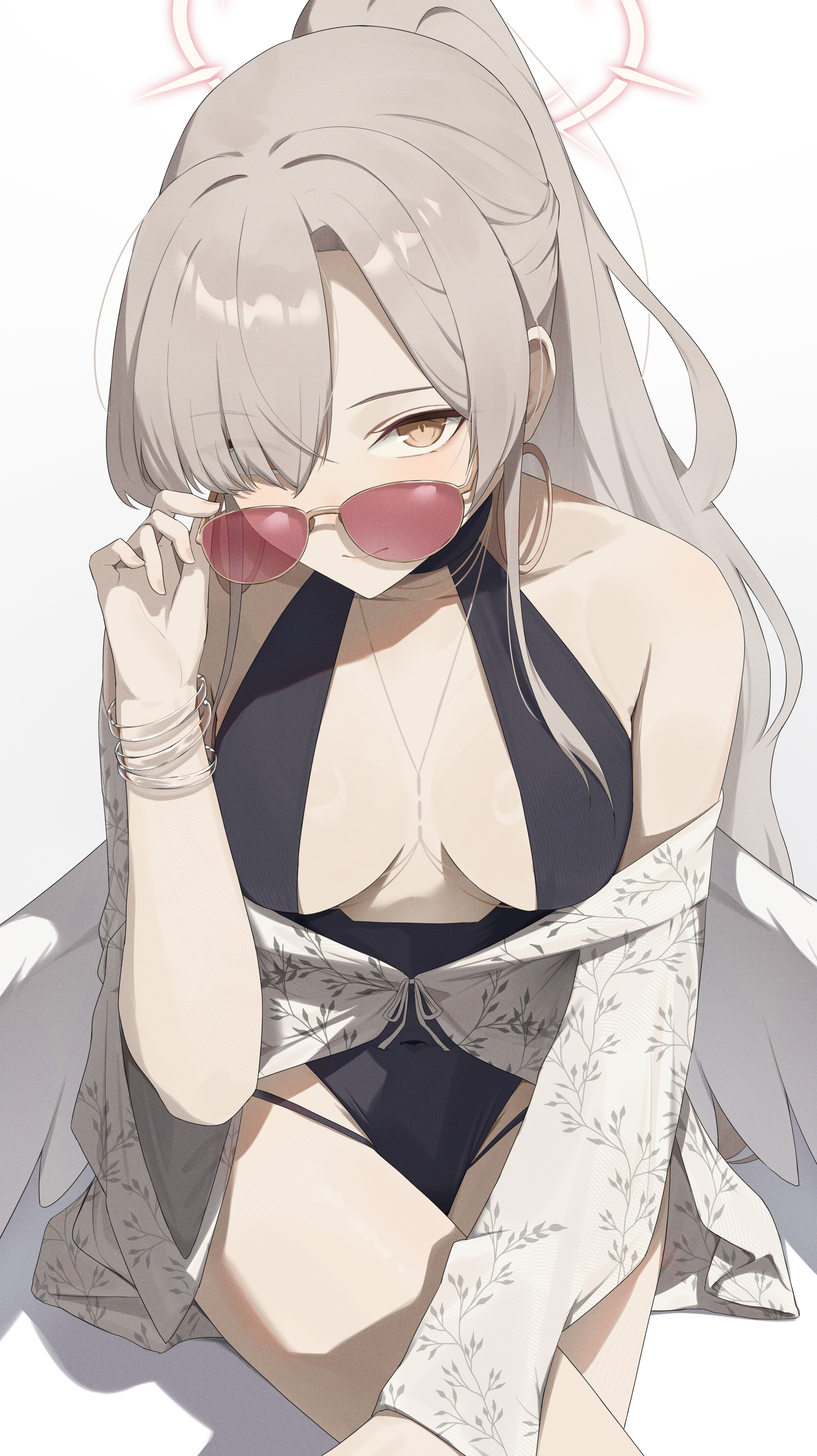 ruha (ruha12haru), nagisa (blue archive), nagisa (swimsuit) (blue archive), blue archive, absurdres, commentary request, highres, adjusting eyewear, black one-piece swimsuit, bracelet, breasts, center opening, cleavage, crossed legs, earrings, floral print shirt, hair over one eye, halterneck, hoop earrings, jewelry, long hair, looking at viewer, off shoulder, one-piece swimsuit, orange eyes, sitting, sunglasses, swimsuit, white hair