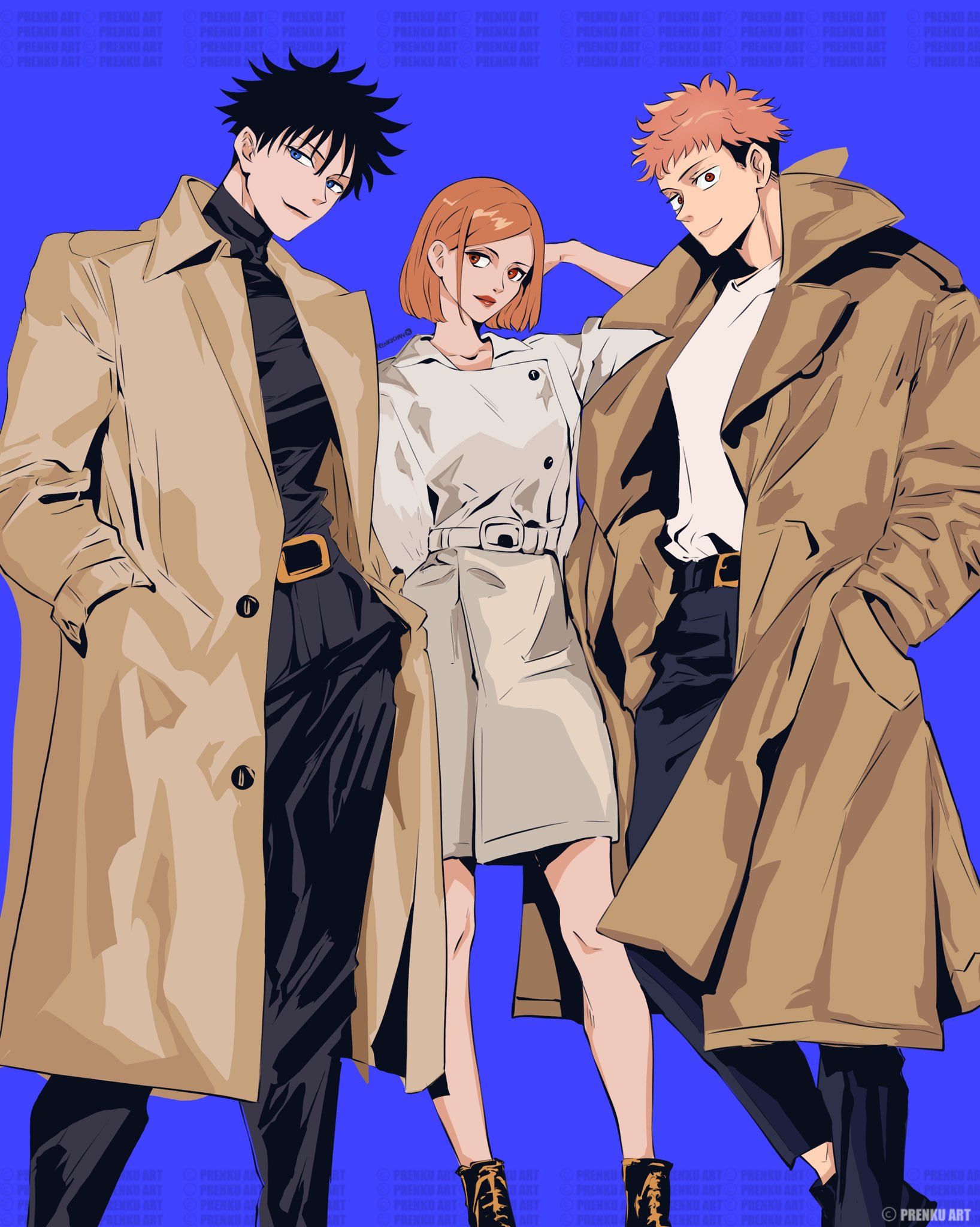 prenkuchan, fushiguro megumi, itadori yuuji, kugisaki nobara, jujutsu kaisen, highres, making-of available, 1girl, 2boys, black hair, blue background, blue eyes, bob cut, boots, brown coat, brown hair, coat, hands in pockets, looking at viewer, looking to the side, multiple boys, pink hair, simple background, smile, spiked hair, turtleneck, twitter username, undercut