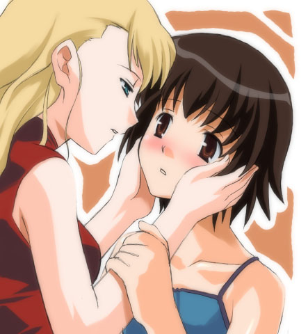 umekichi, mireille bouquet, yuumura kirika, noir (anime), lowres, 00s, 2girls, blonde hair, blue eyes, blush, breasts, brown eyes, brown hair, eye contact, female focus, hands on another's cheeks, hands on another's face, long hair, looking at another, multiple girls, short hair, upper body, yuri