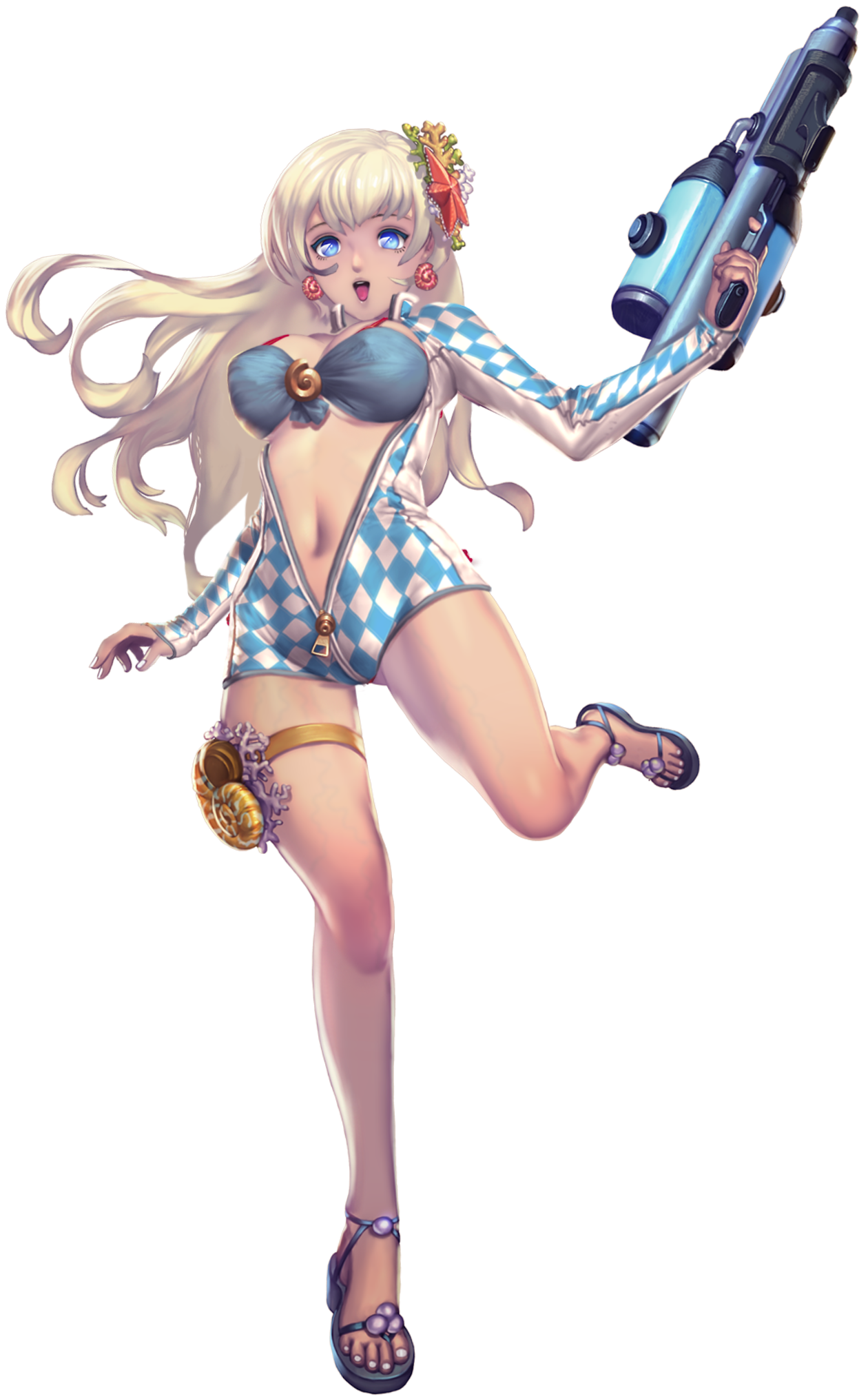 crystal maiden (series), artist request, game cg, highres, official art, variant set, 1girl, bare legs, blonde hair, blue eyes, breasts, checkered clothes, coral hair ornament, full body, gun, holding, holding gun, holding weapon, julia (crystal maidens), long hair, long sleeves, navel, open mouth, sandals, seashell, shell, solo, standing, standing on one leg, starfish hair ornament, transparent background, underboob, weapon, zipper