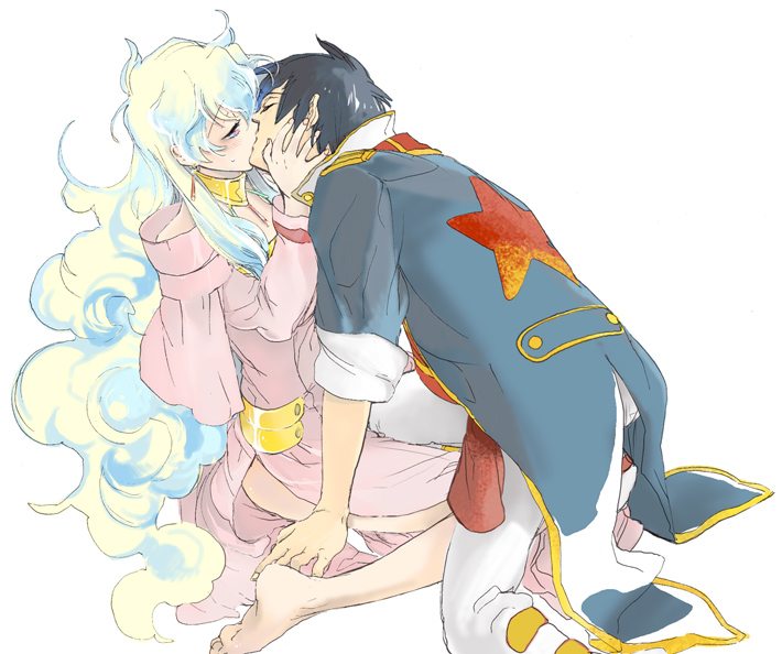 kanke (yonkuma), nia teppelin, simon (ttgl), tengen toppa gurren lagann, non-web source, 00s, 1boy, 1girl, barefoot, blush, couple, hand on another's face, hands on another's face, hetero, kiss, sitting